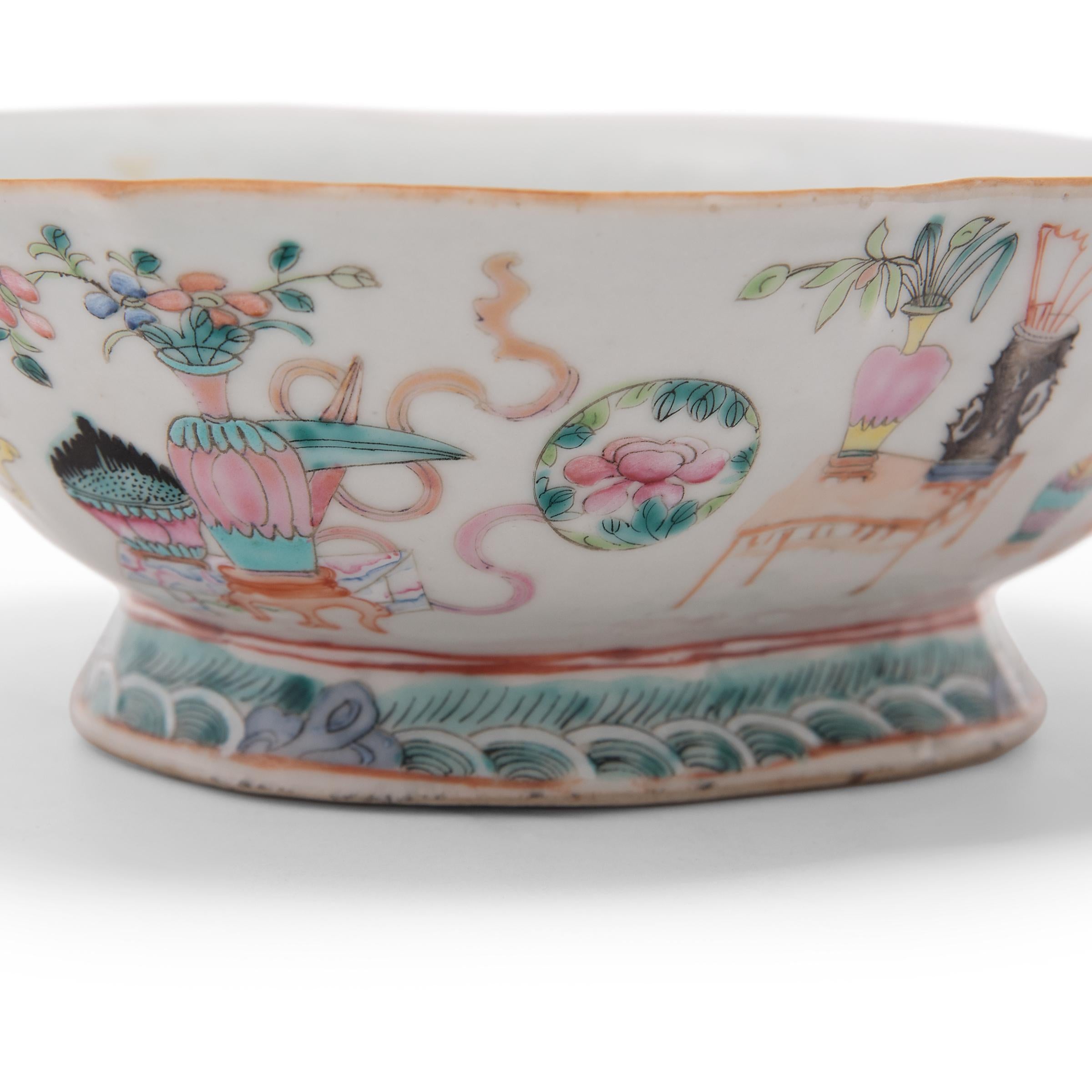 19th Century Chinese Footed Offering Bowl with Scholars' Objects, c. 1850