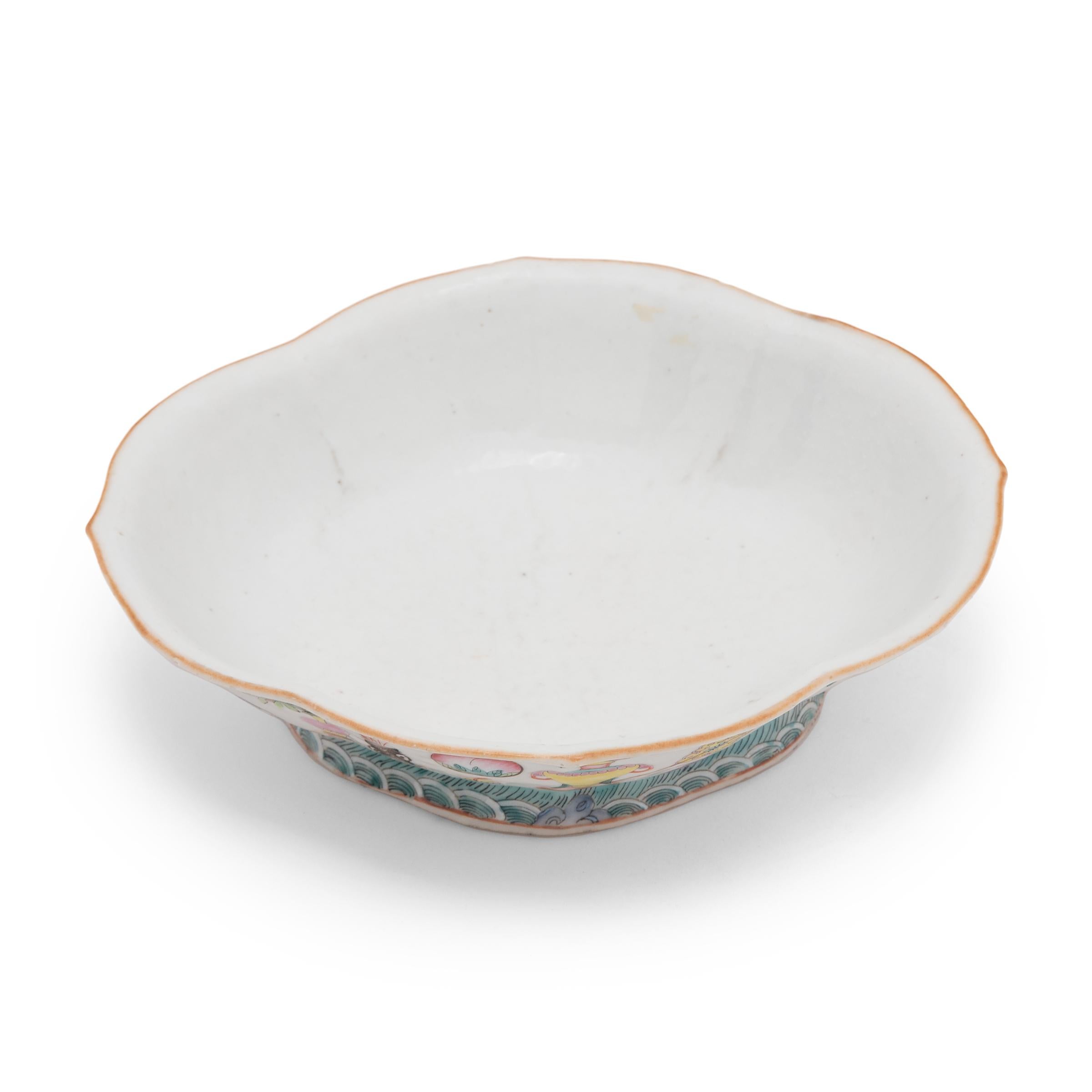 Porcelain Chinese Footed Offering Bowl with Scholars' Objects, c. 1850