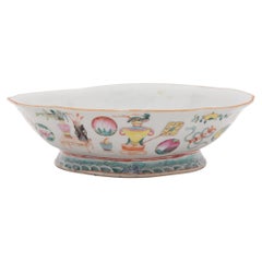 Antique Chinese Footed Offering Bowl with Scholars' Objects, c. 1850