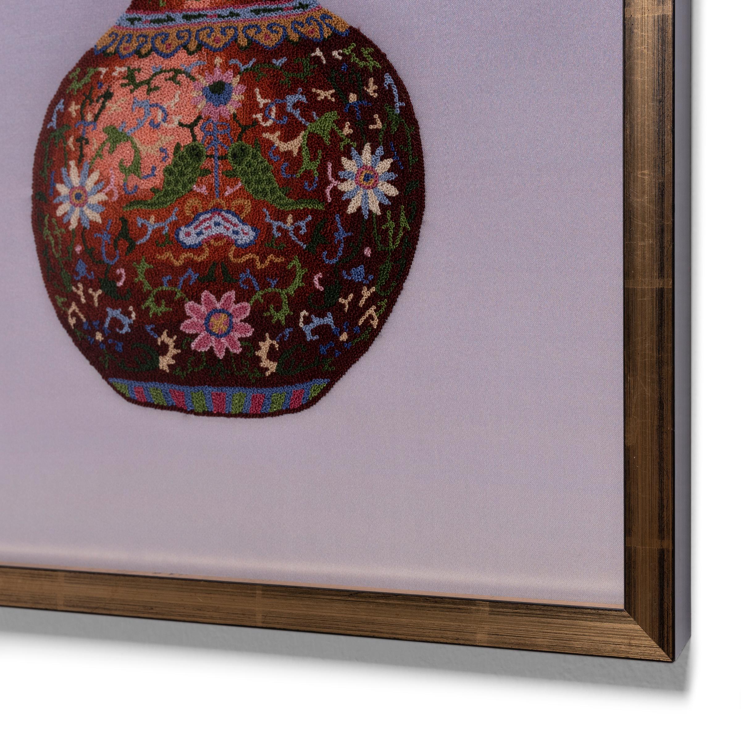 Contemporary Chinese Forbidden Stitch Embroidery of a Famille Rose Vase For Sale