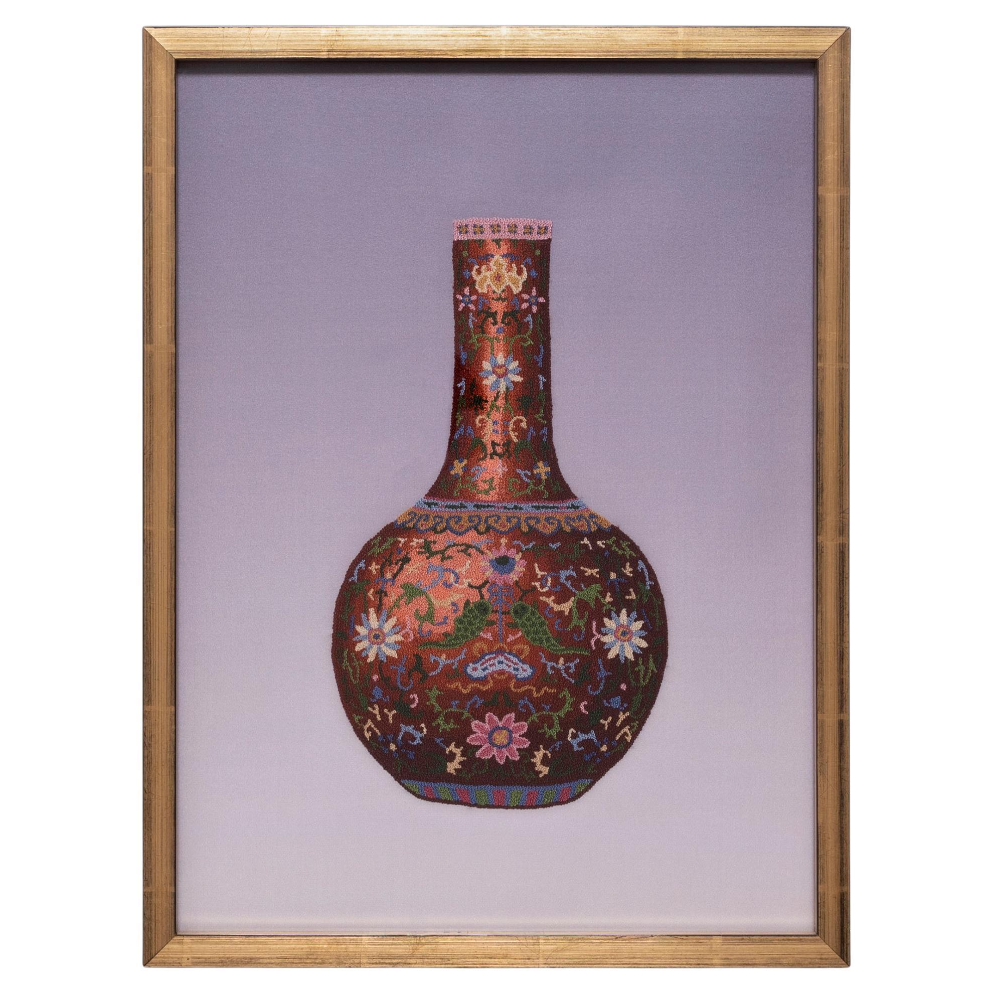 Chinese Forbidden Stitch Embroidery of a Famille Rose Vase For Sale