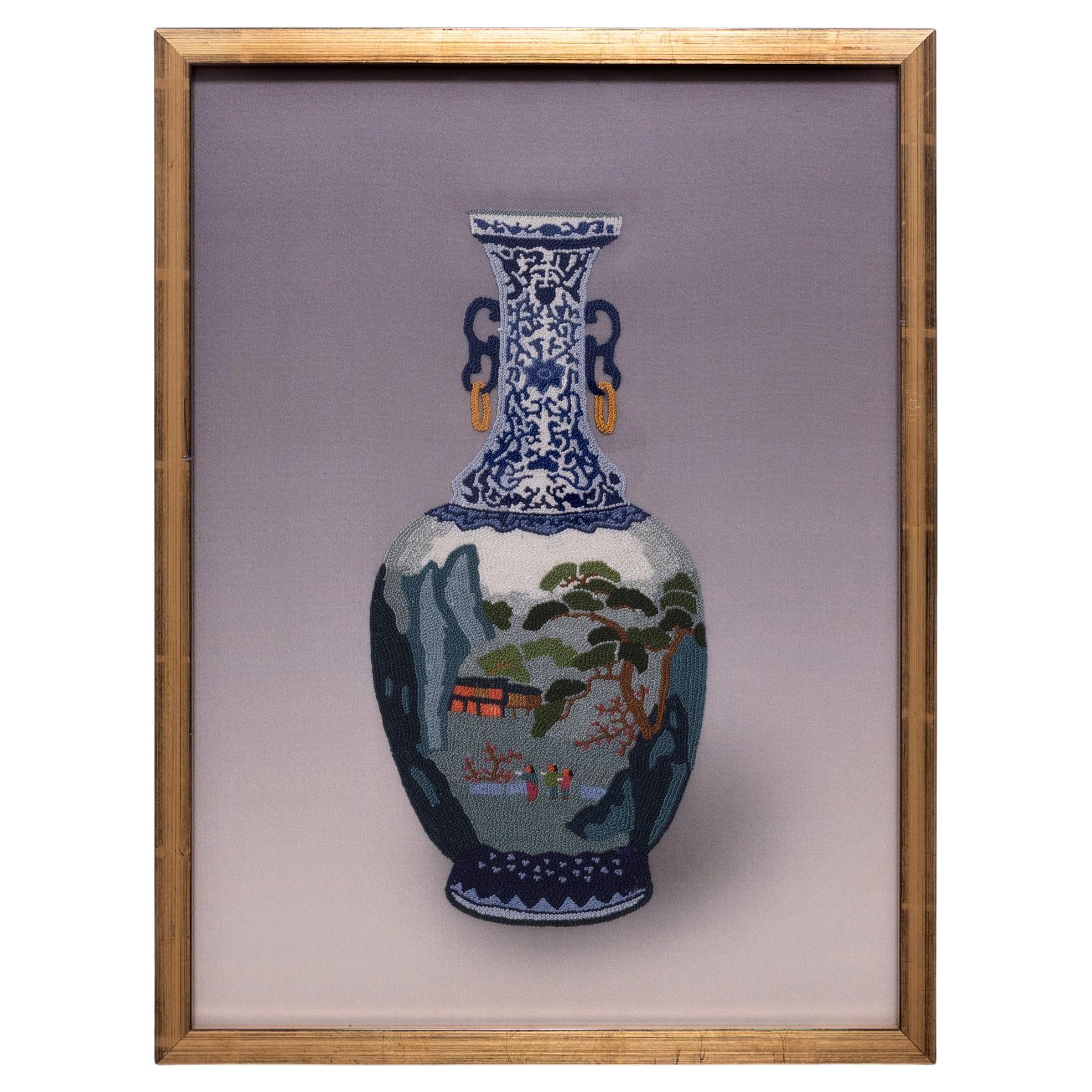 Chinese Forbidden Stitch Embroidery of a Shan Shui Vase For Sale