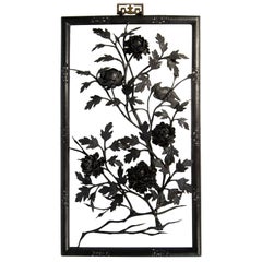 Chinese Forged and Wrought Iron Framed Chrysanthemums, Branches and Birds