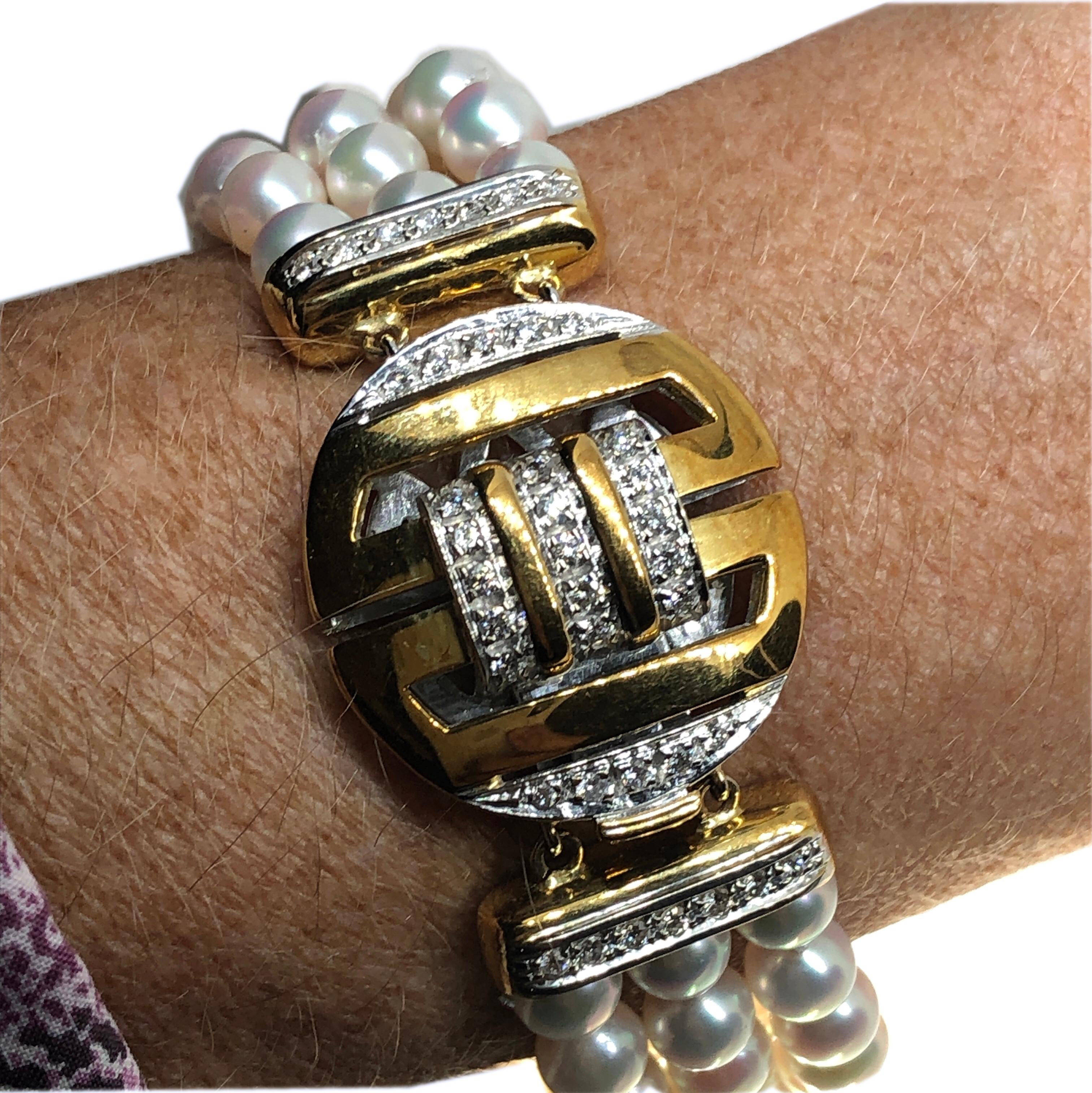 Bracelet chinois Berca en perles Akoya japonaises à quatre fermoirs en diamants blancs bleus en vente 7