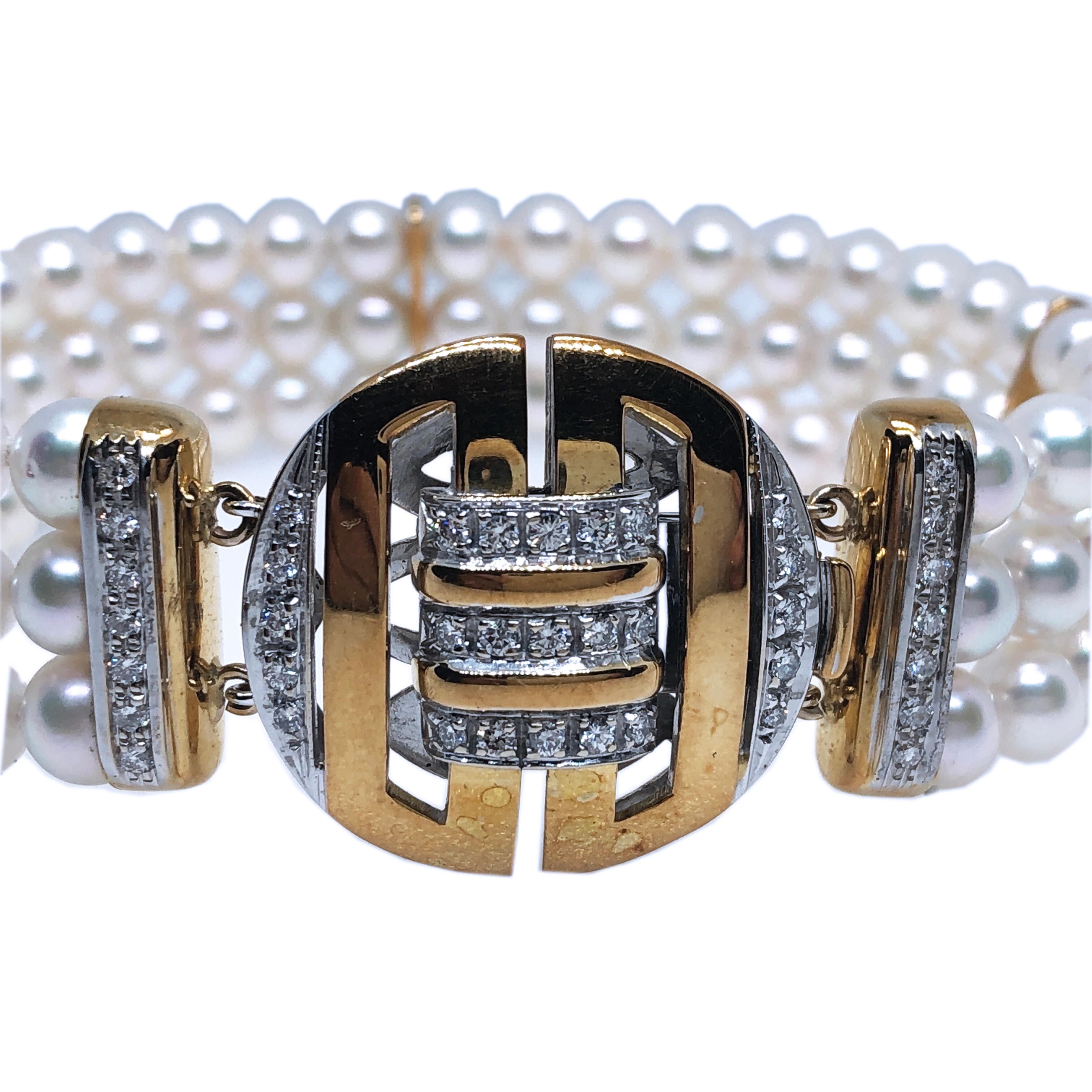 Bracelet chinois Berca en perles Akoya japonaises à quatre fermoirs en diamants blancs bleus Neuf - En vente à Valenza, IT