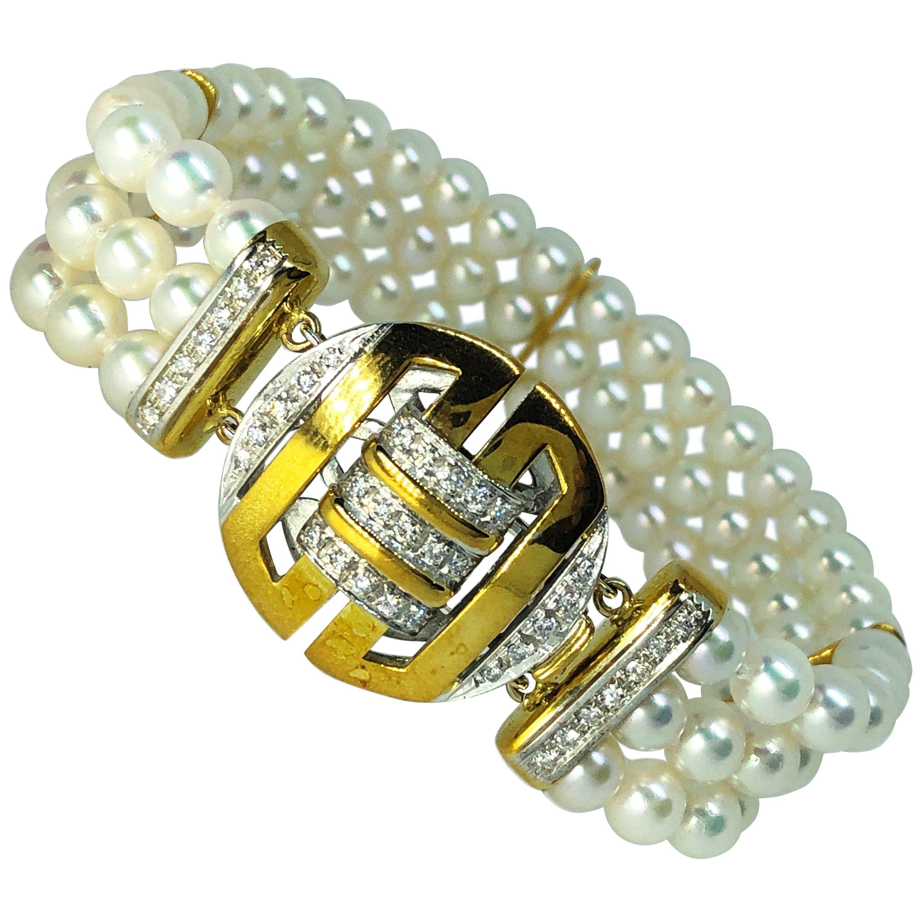 Bracelet chinois Berca en perles Akoya japonaises à quatre fermoirs en diamants blancs bleus