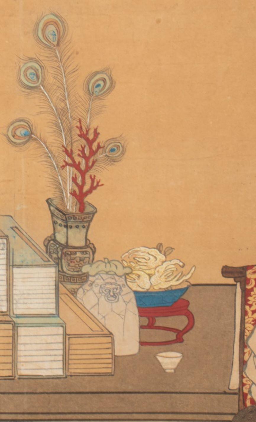 Chinese School, Four Figures Ancestral Portrait Painting, Ink on Paper, depicting four seated women, all wearing robes and three hats with one donning a diadem crown, objects including books, vases, cherry blossom flowers, and a bowl filled with