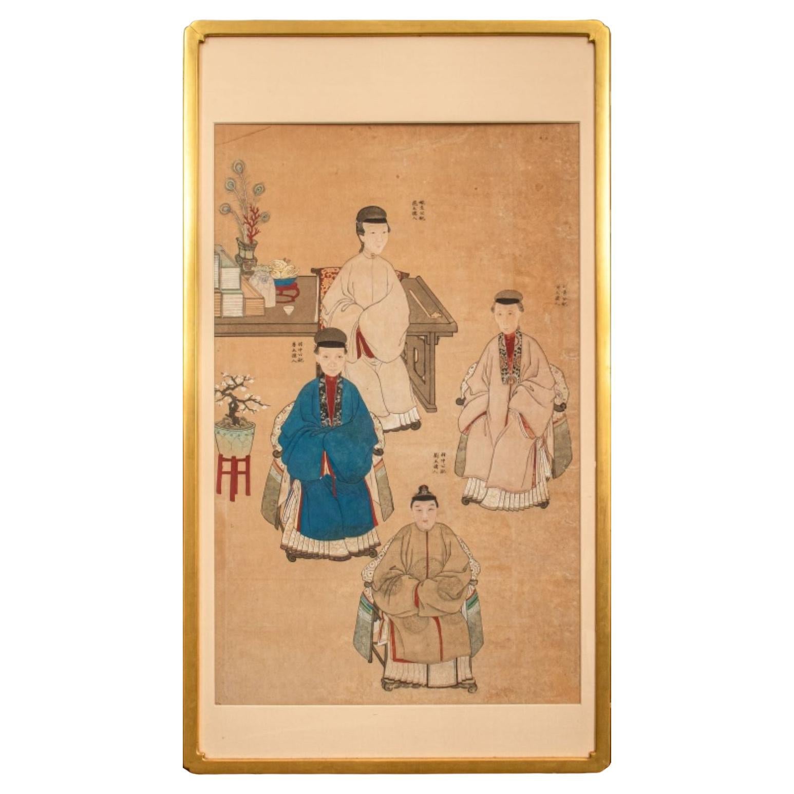 Chinese Four Figures Ancestral Portrait Painting For Sale