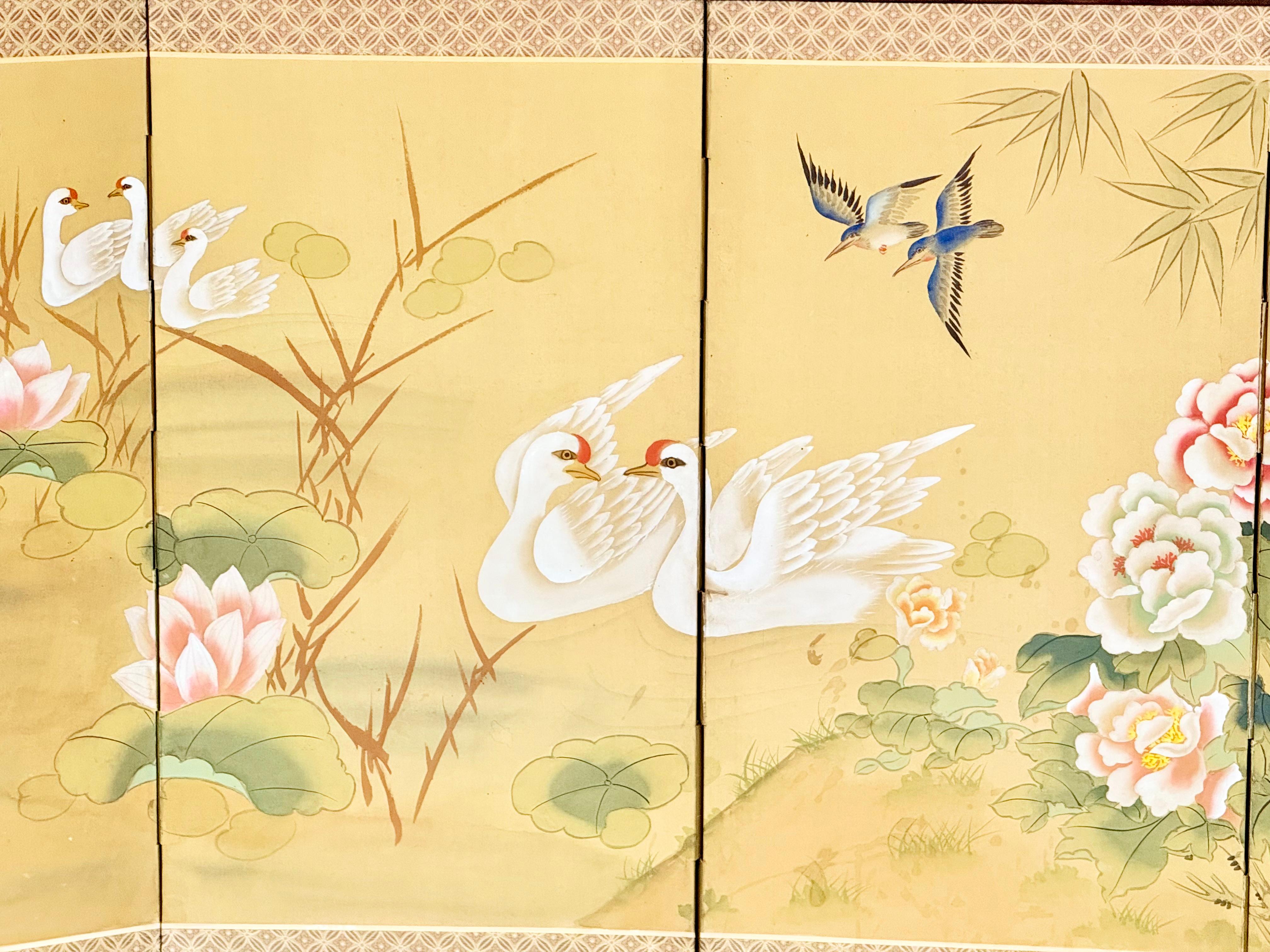 Chinese Four-Fold Screen with Cranes, Lotuses, Peonies, and Bamboo, 1963 For Sale 4