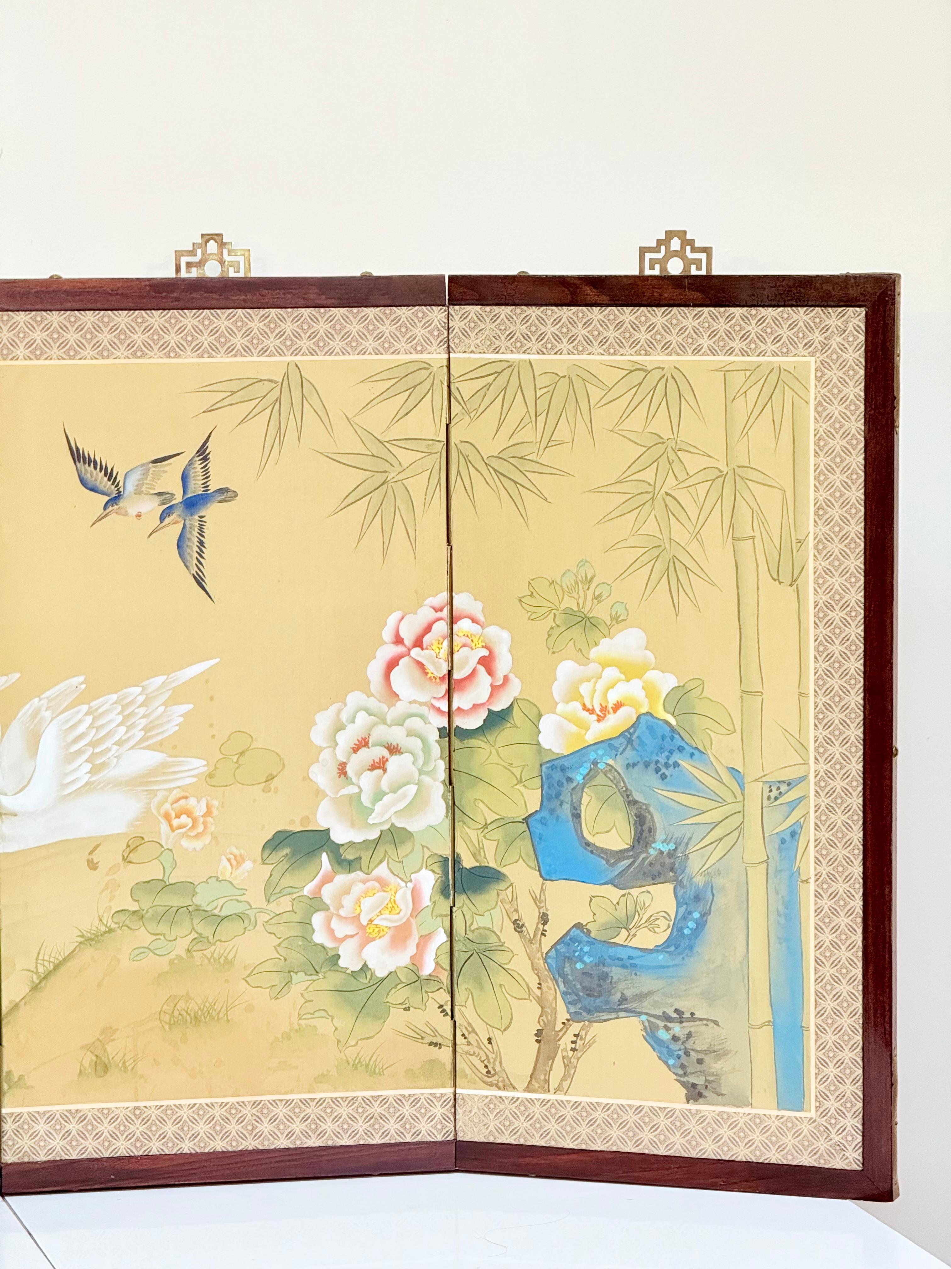 Chinese Four-Fold Screen with Cranes, Lotuses, Peonies, and Bamboo, 1963 For Sale 6