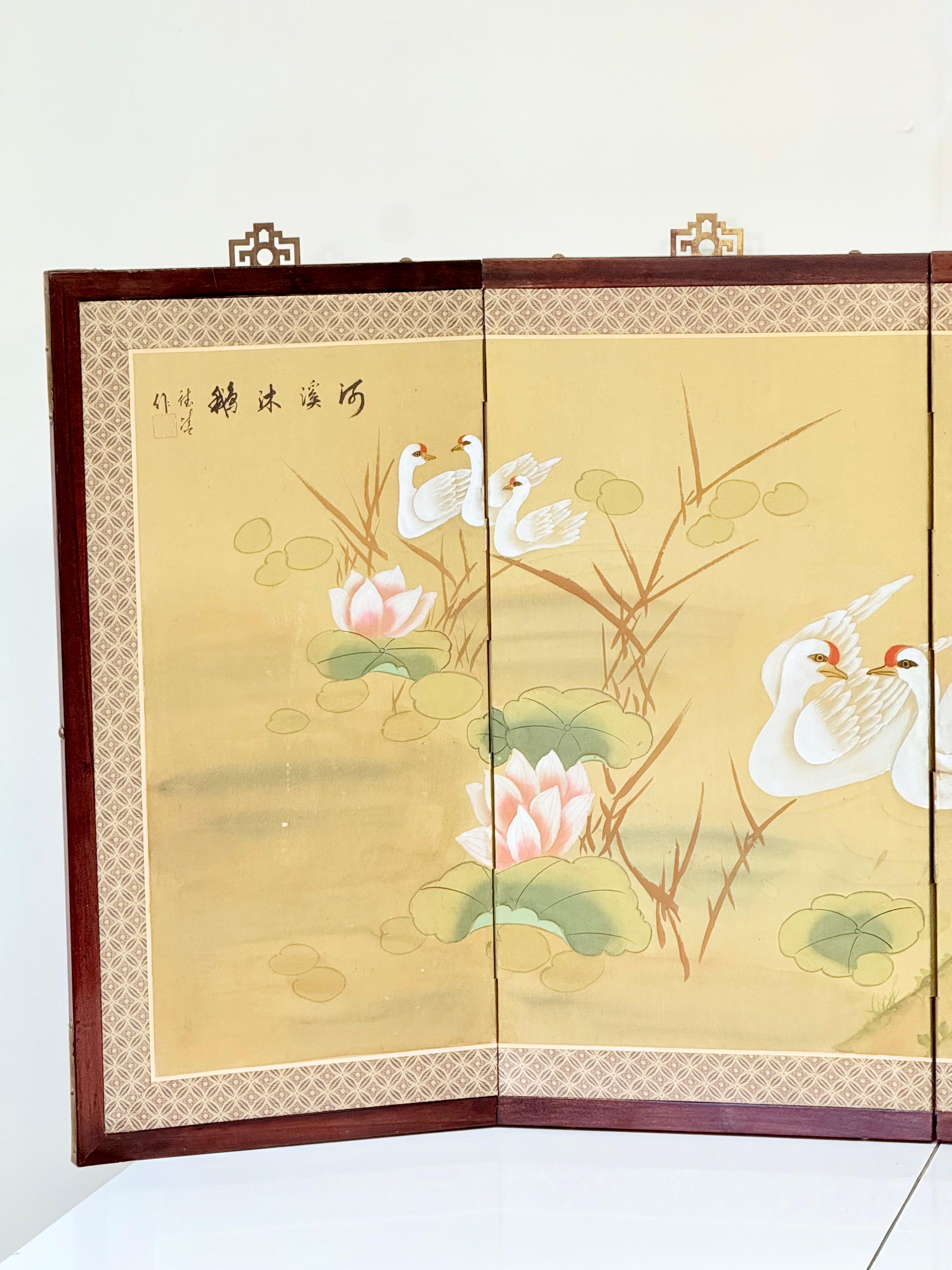 Chinese Four-Fold Screen with Cranes, Lotuses, Peonies, and Bamboo, 1963 For Sale 7