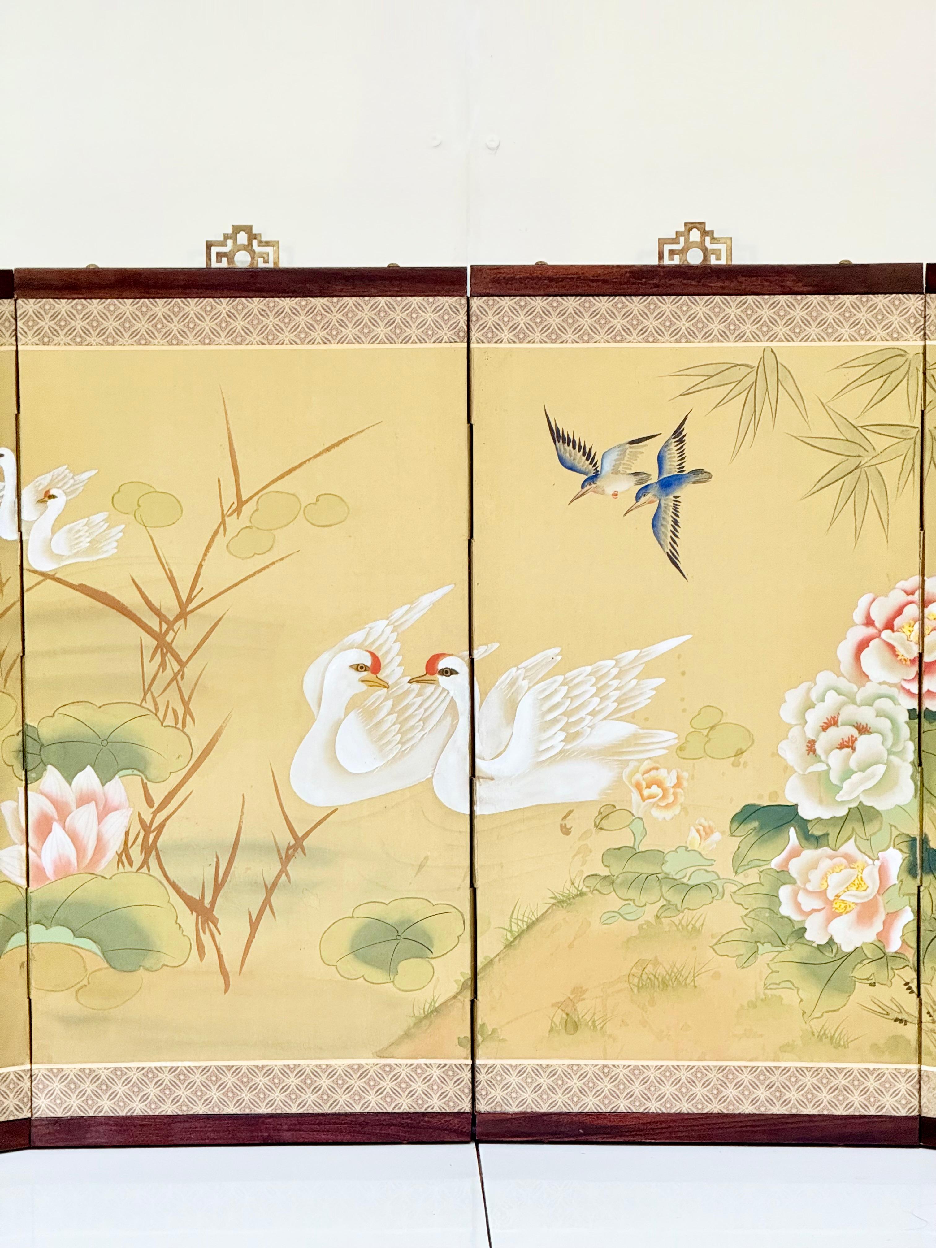 Chinese Four-Fold Screen with Cranes, Lotuses, Peonies, and Bamboo, 1963 For Sale 11