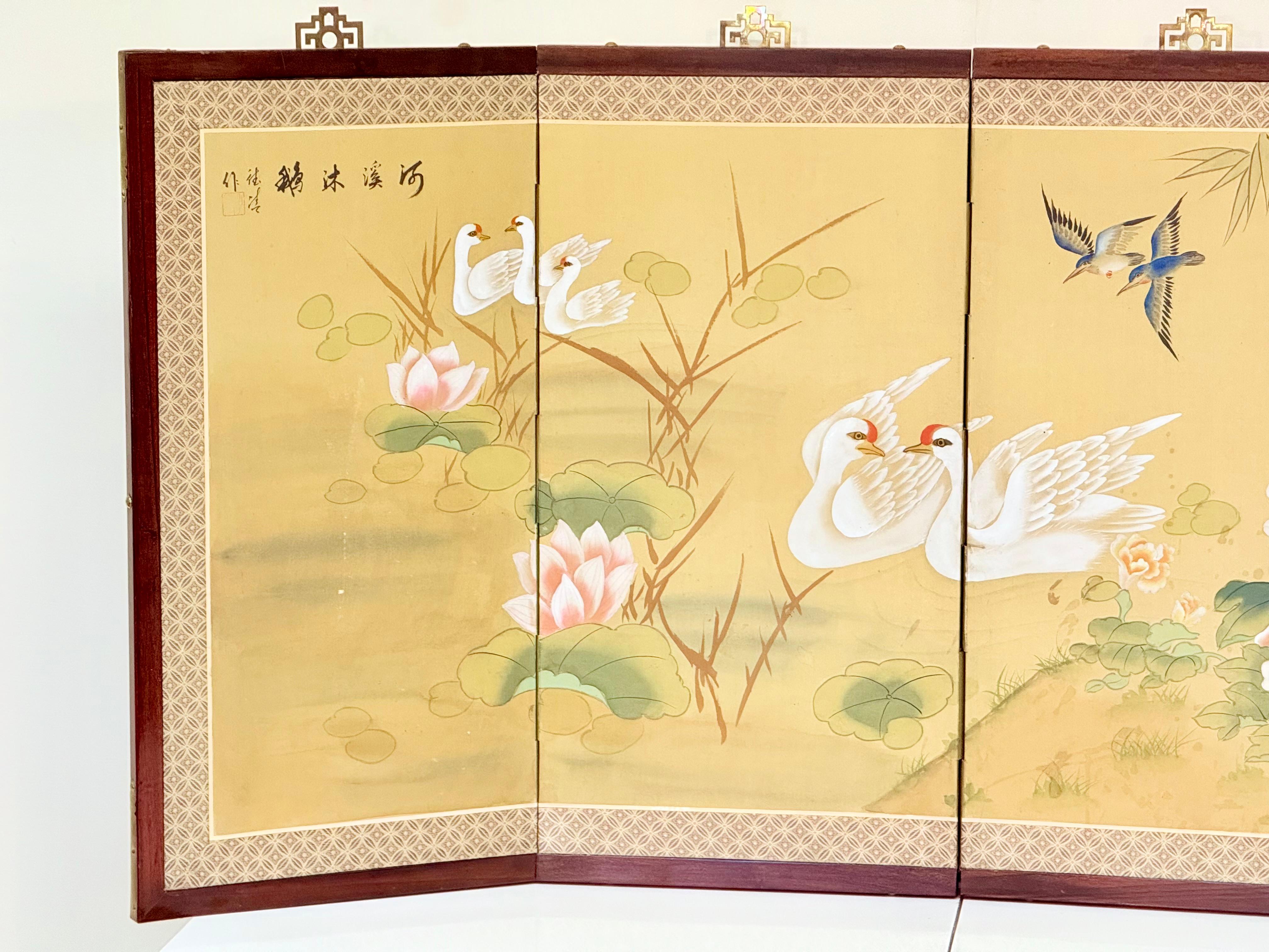 Chinese Four-Fold Screen with Cranes, Lotuses, Peonies, and Bamboo, 1963 For Sale 12