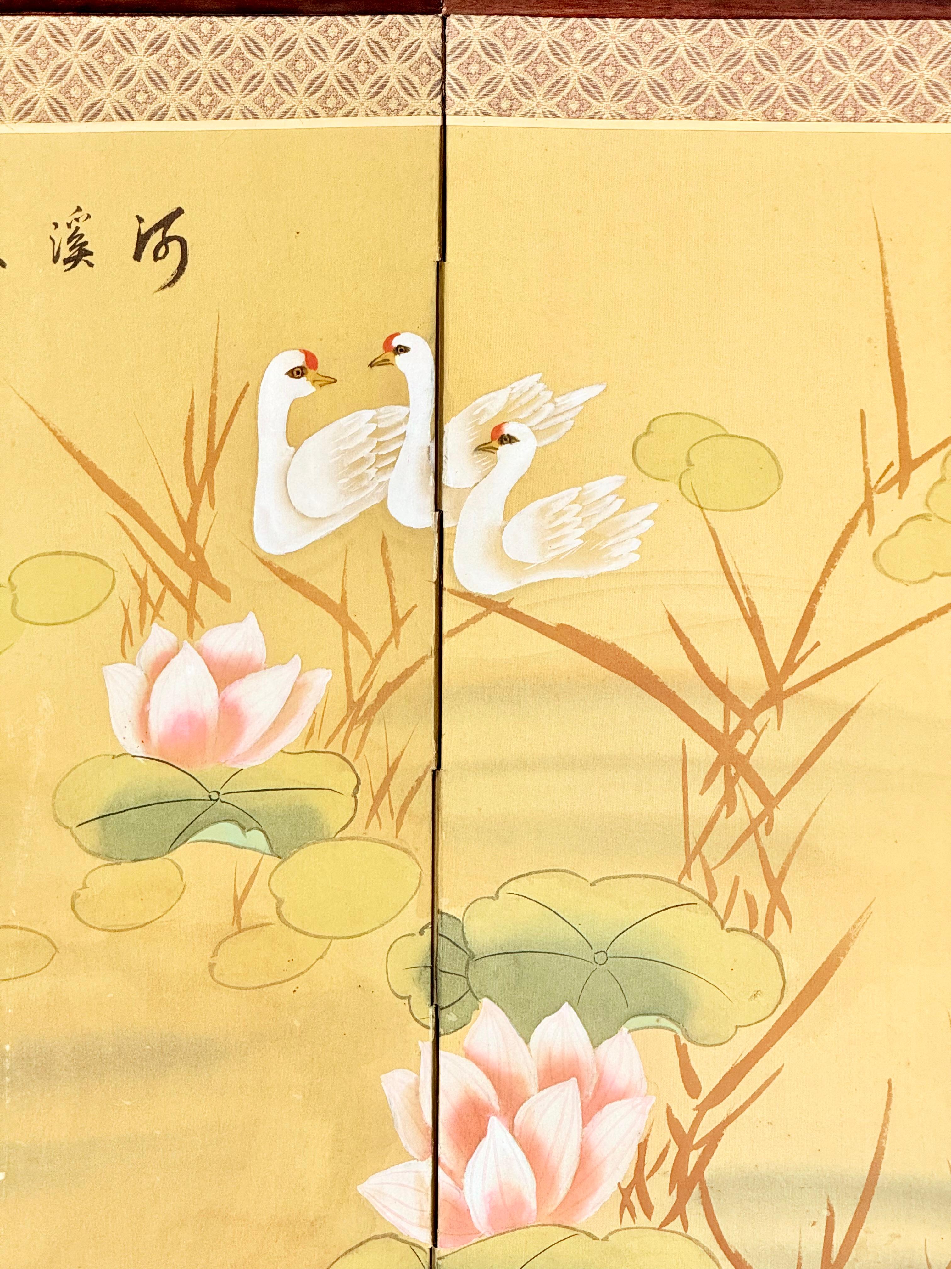 Chinese Four-Fold Screen with Cranes, Lotuses, Peonies, and Bamboo, 1963 For Sale 13