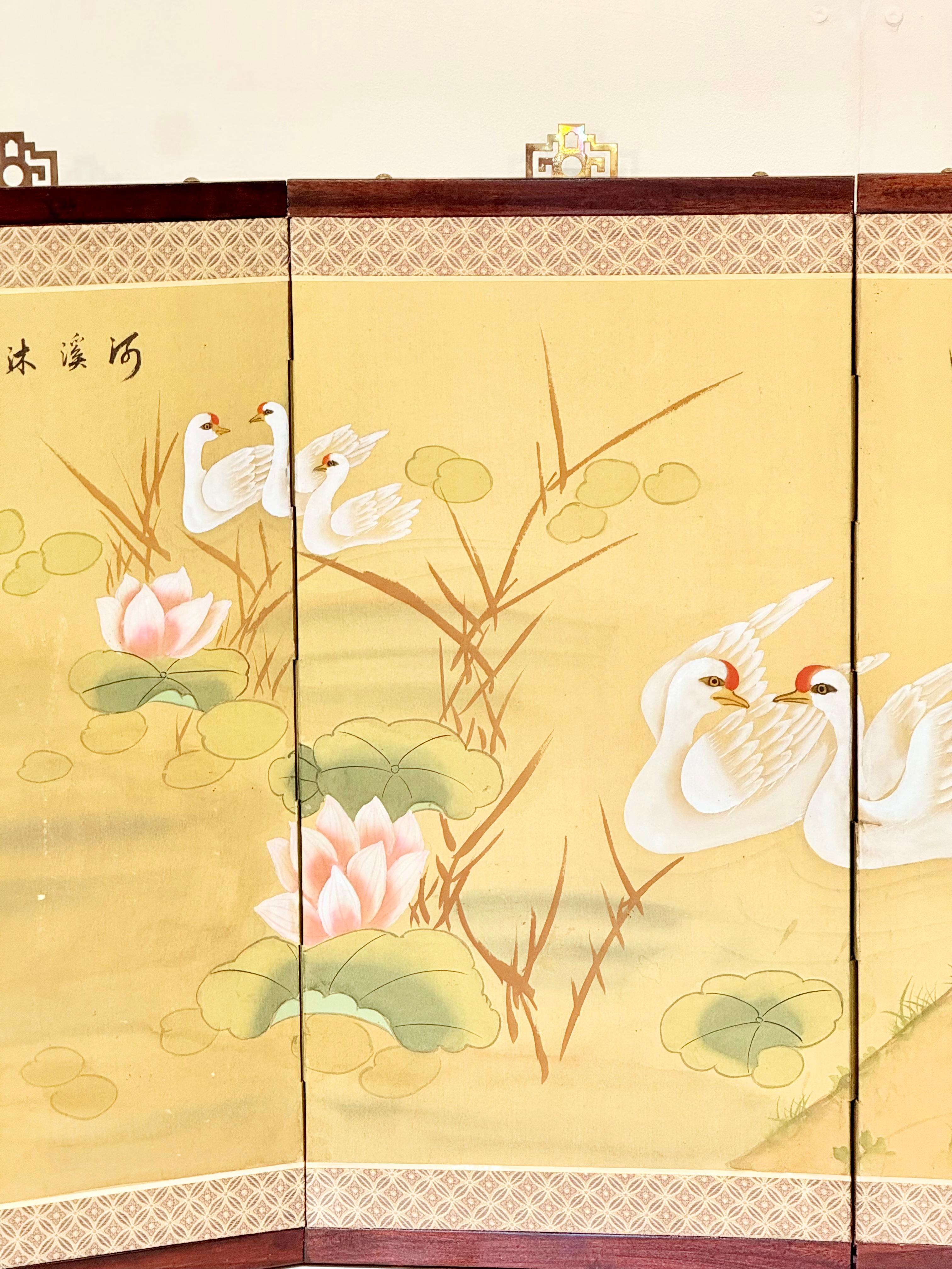 Painted Chinese Four-Fold Screen with Cranes, Lotuses, Peonies, and Bamboo, 1963 For Sale