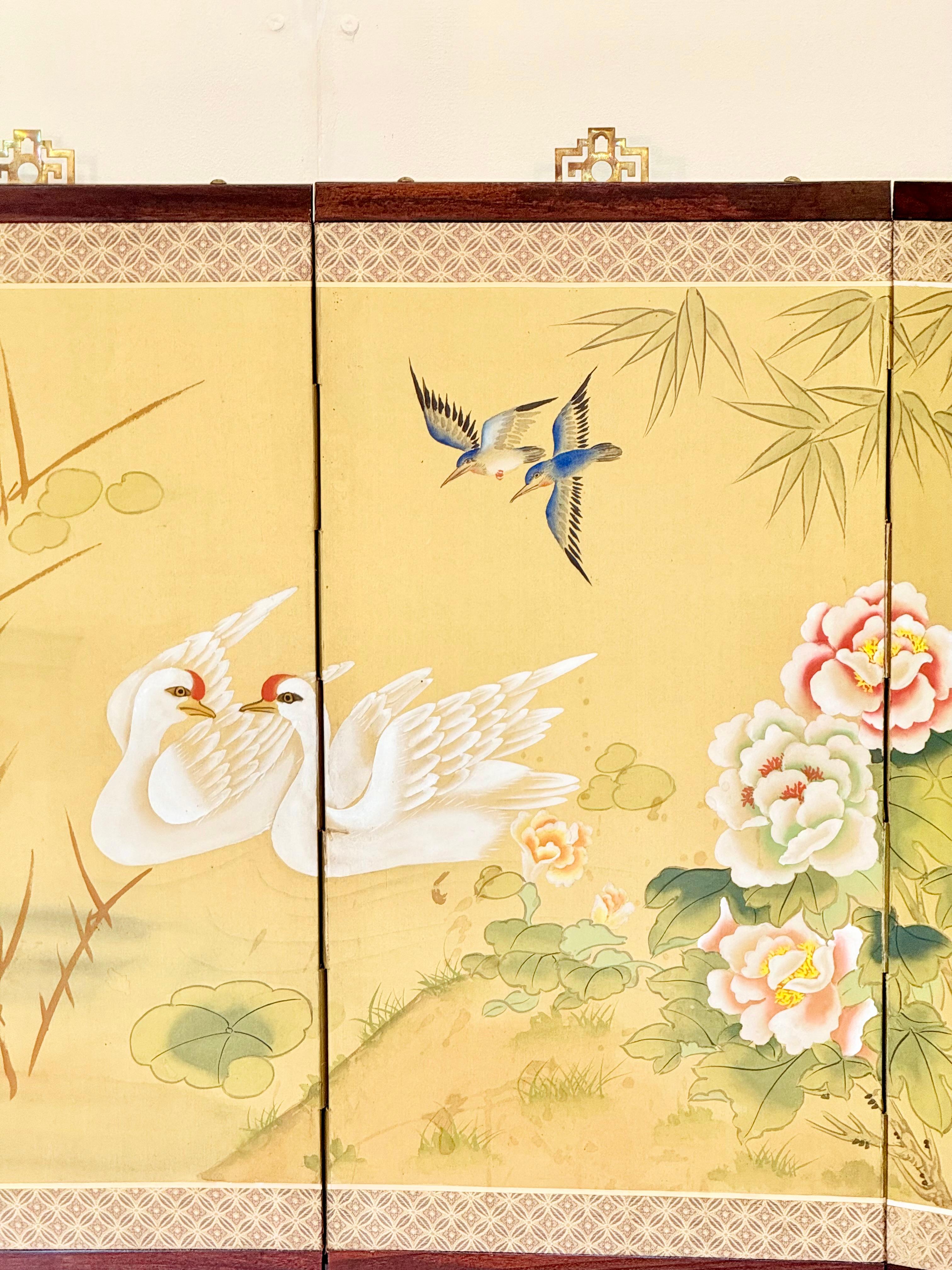 Chinese Four-Fold Screen with Cranes, Lotuses, Peonies, and Bamboo, 1963 In Good Condition For Sale In Tonbridge, Kent