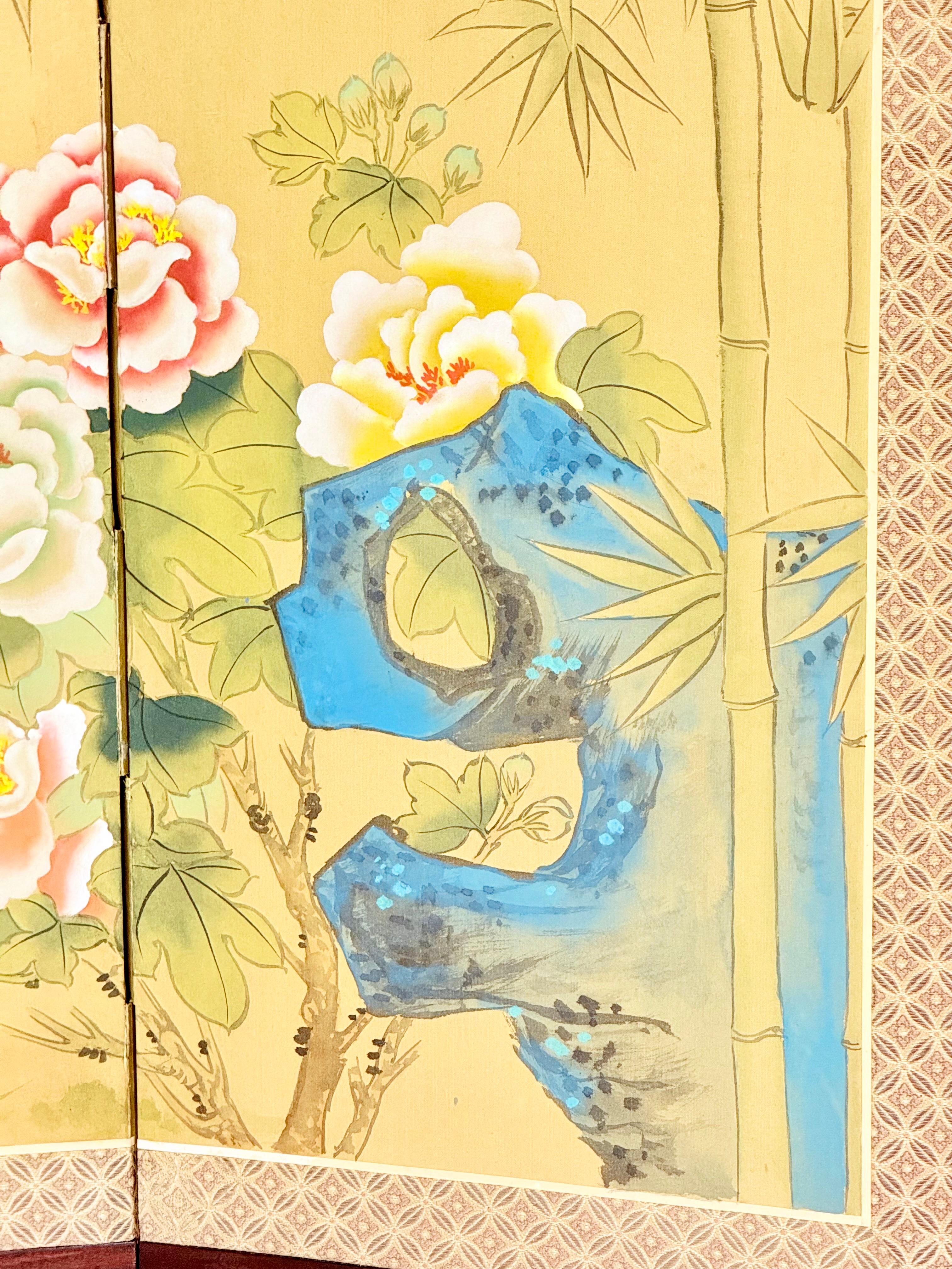 20th Century Chinese Four-Fold Screen with Cranes, Lotuses, Peonies, and Bamboo, 1963 For Sale