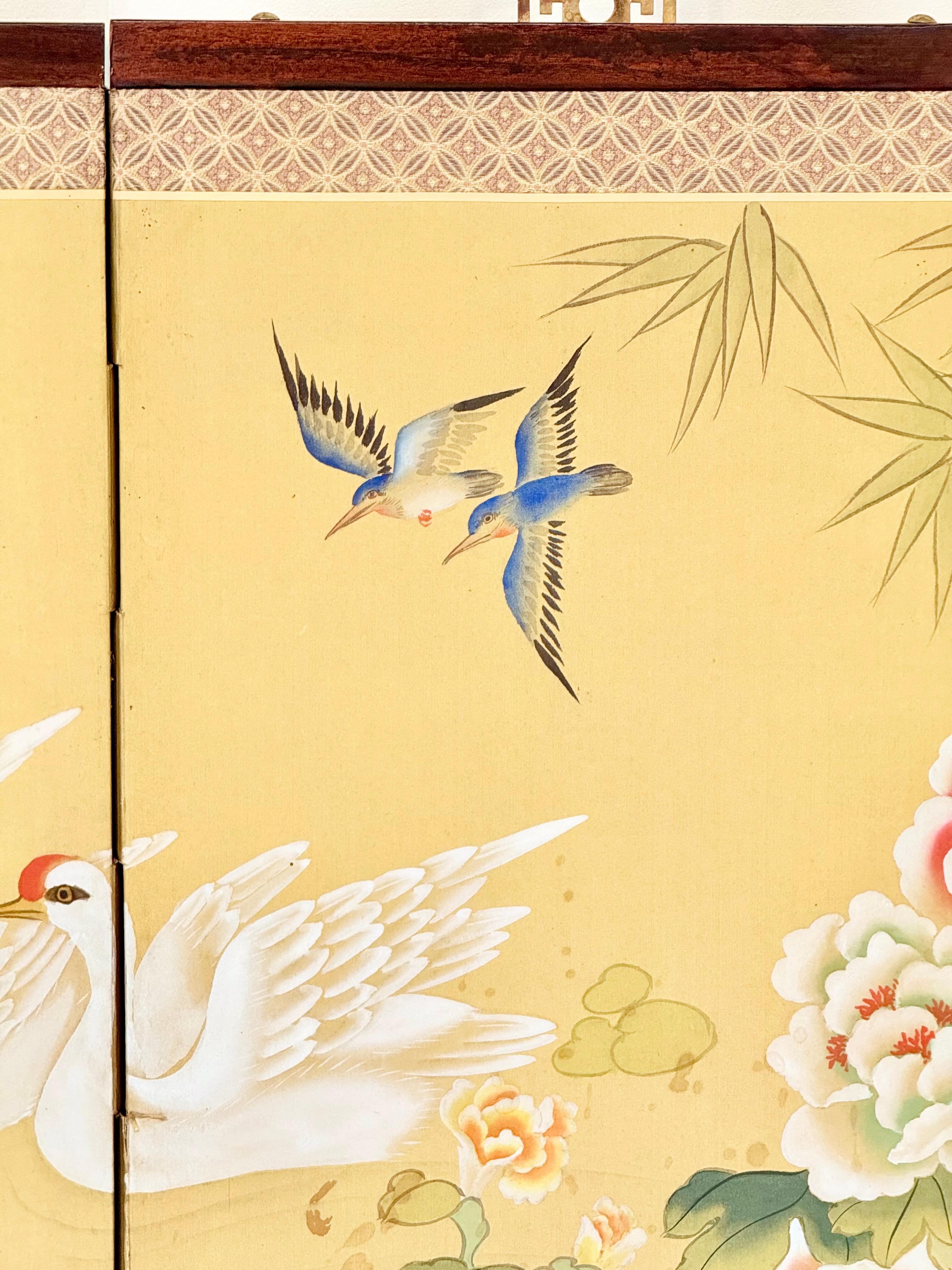 Silk Chinese Four-Fold Screen with Cranes, Lotuses, Peonies, and Bamboo, 1963 For Sale