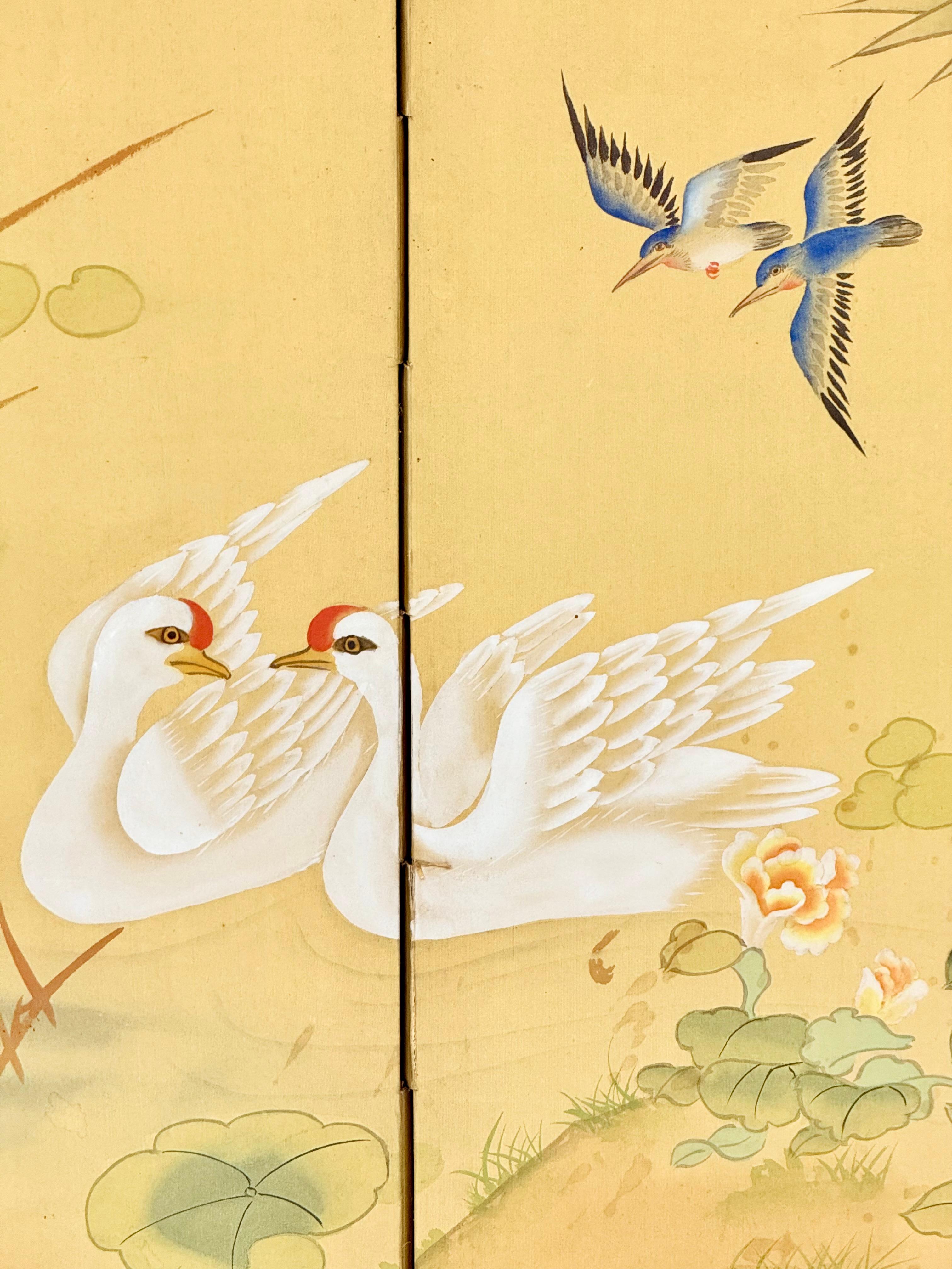 Chinese Four-Fold Screen with Cranes, Lotuses, Peonies, and Bamboo, 1963 For Sale 1