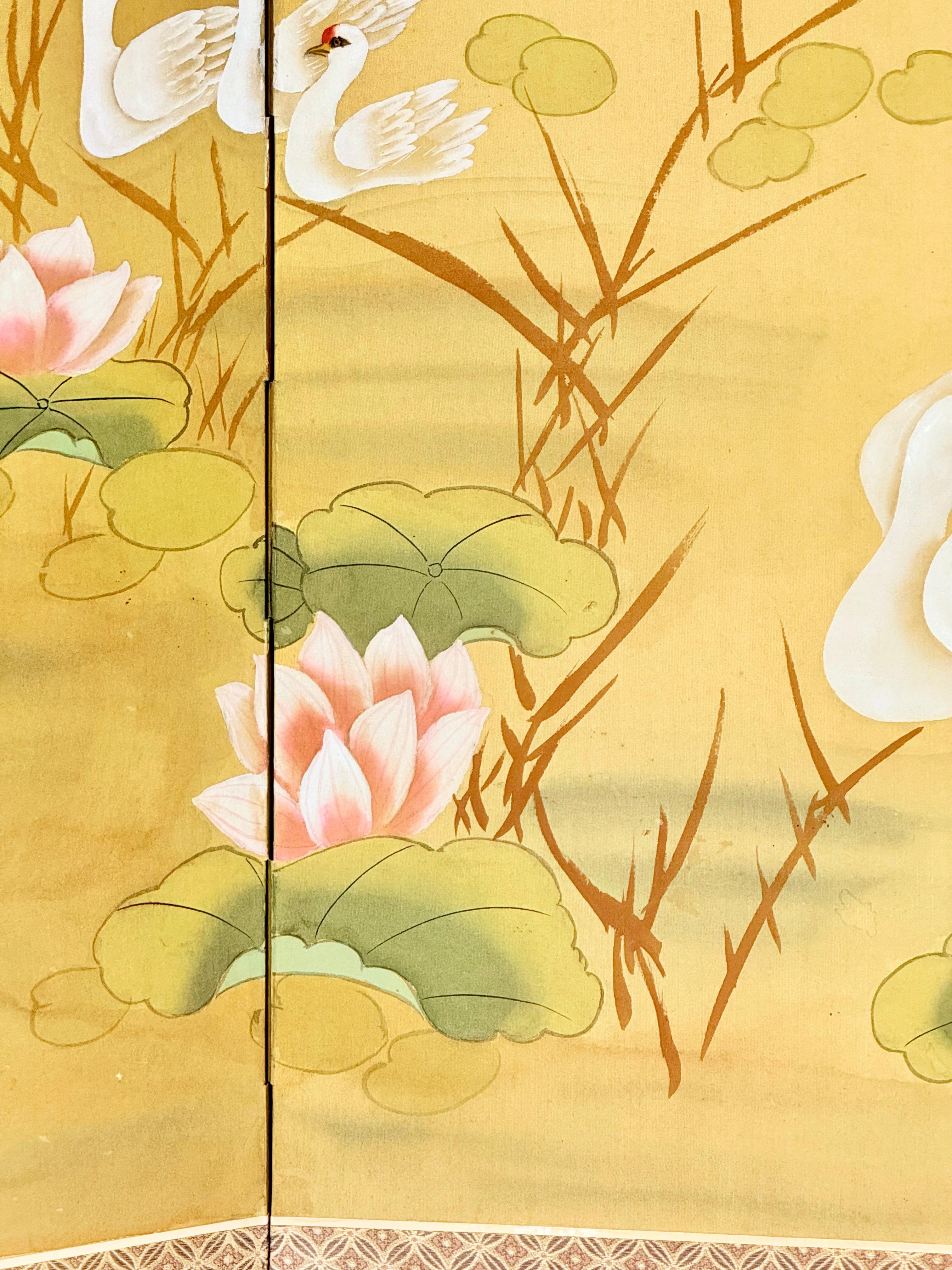 Chinese Four-Fold Screen with Cranes, Lotuses, Peonies, and Bamboo, 1963 For Sale 2