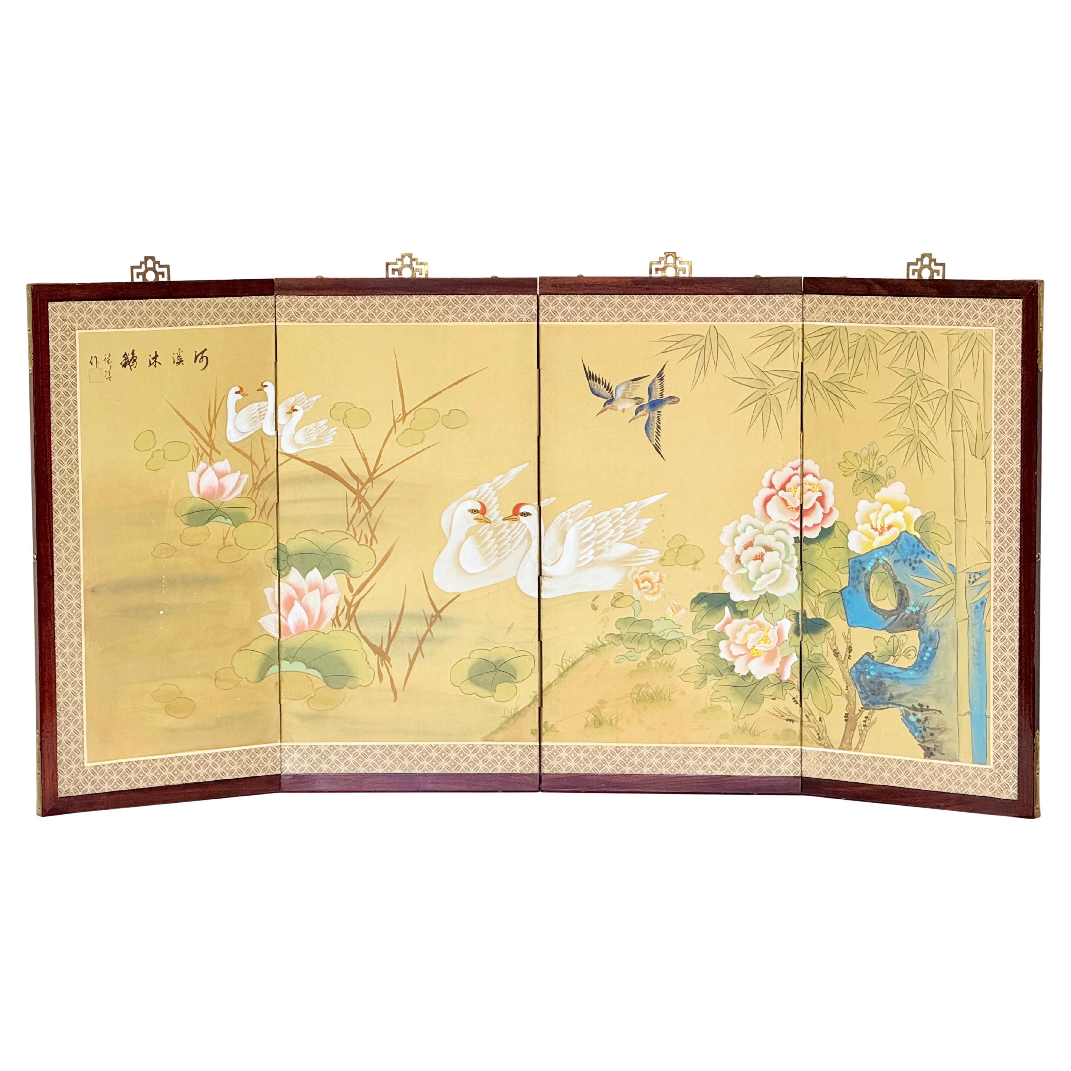 Chinese Four-Fold Screen with Cranes, Lotuses, Peonies, and Bamboo, 1963 For Sale