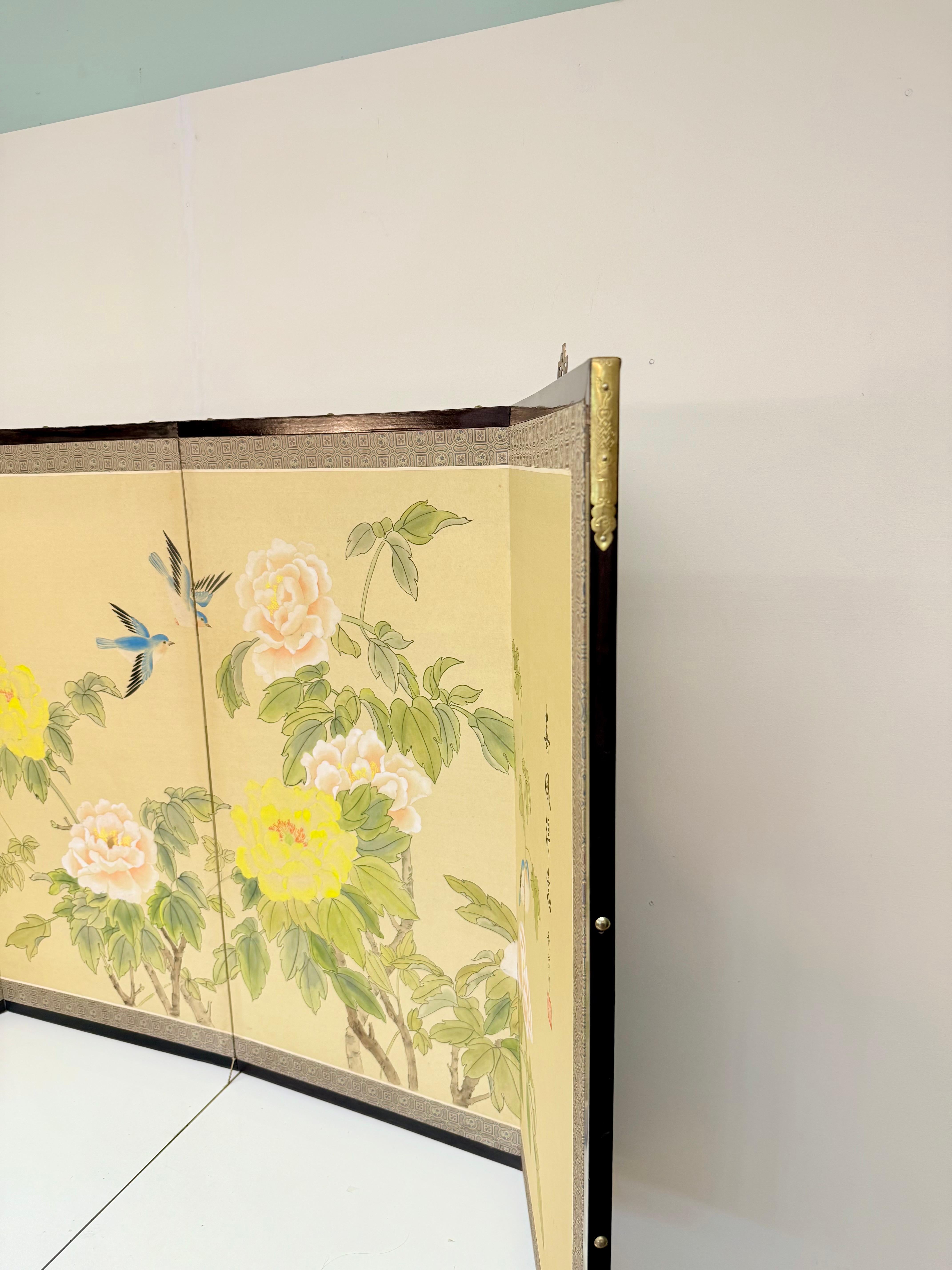 Painted Chinese Four-Fold Screen with Peonies and Blue Magpies, 1963, 
