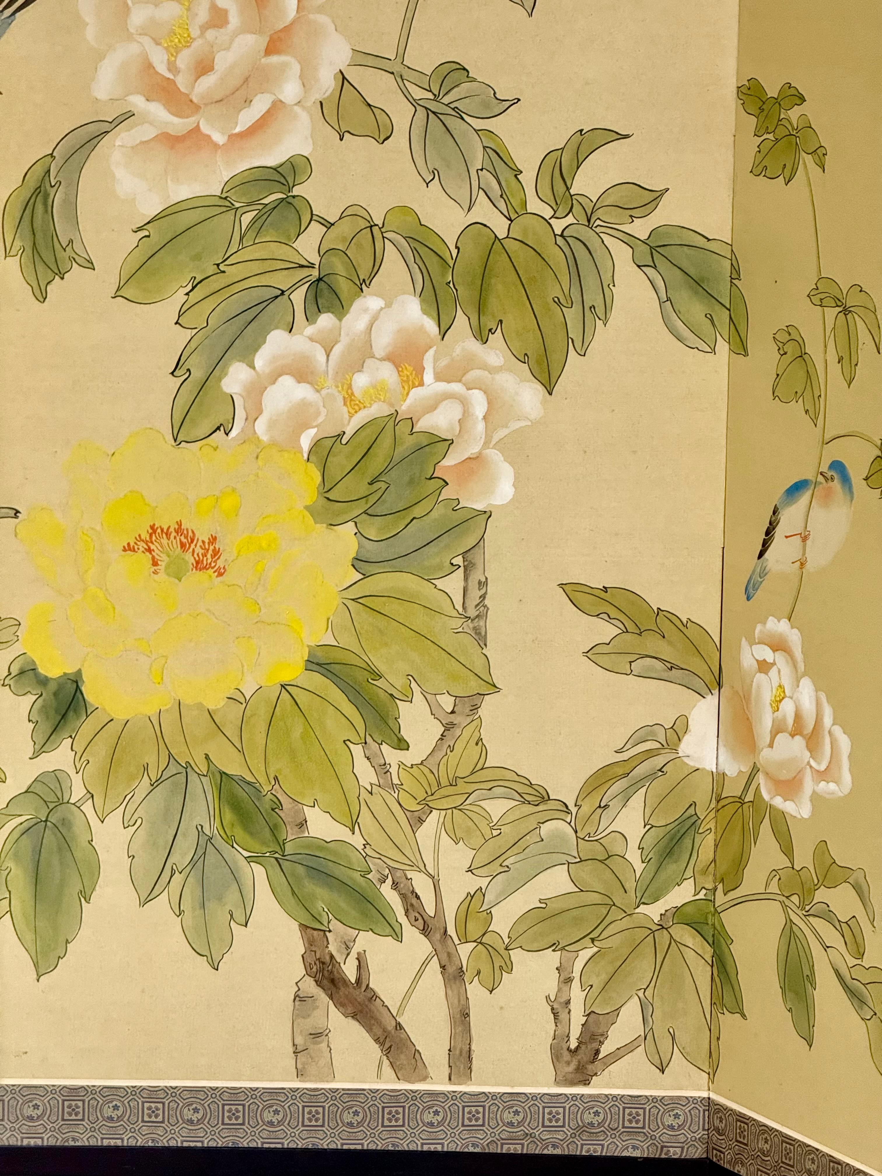 20th Century Chinese Four-Fold Screen with Peonies and Blue Magpies, 1963, 