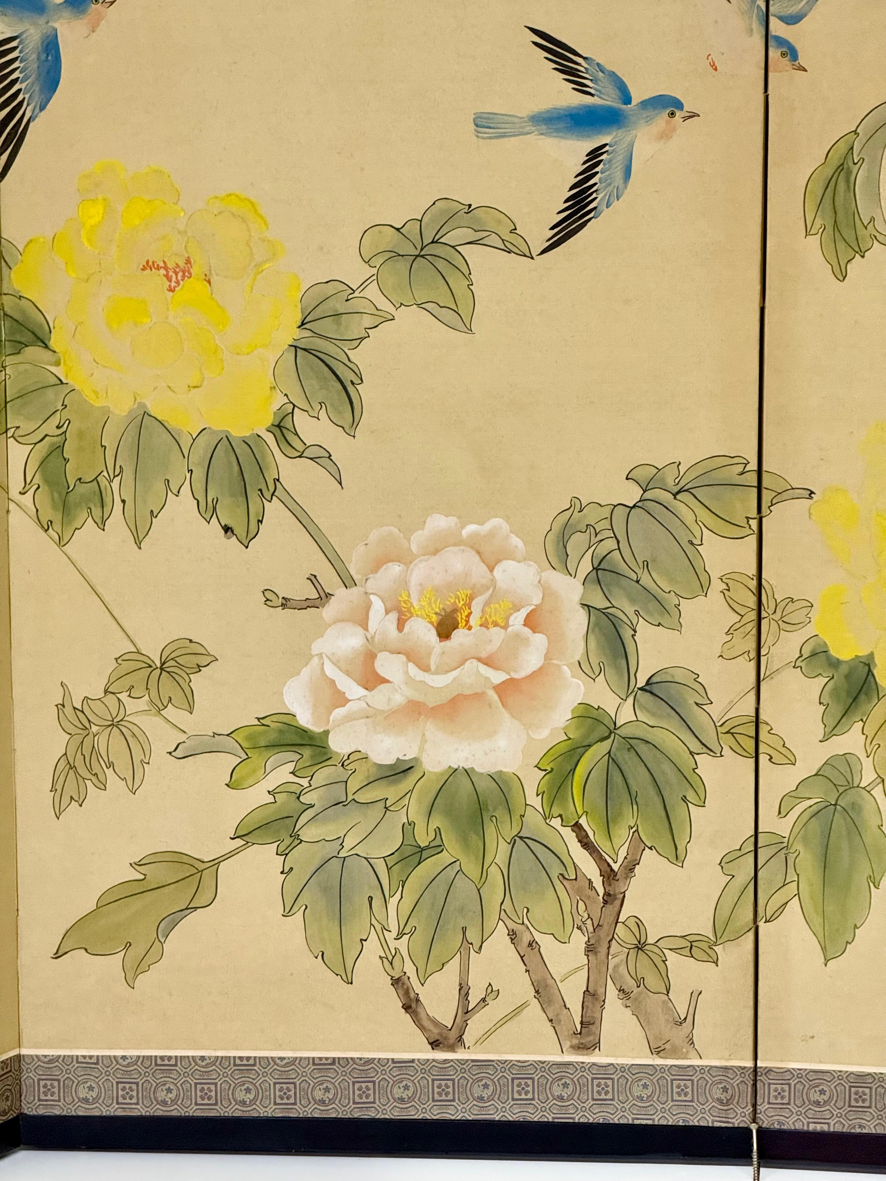 Silk Chinese Four-Fold Screen with Peonies and Blue Magpies, 1963, 