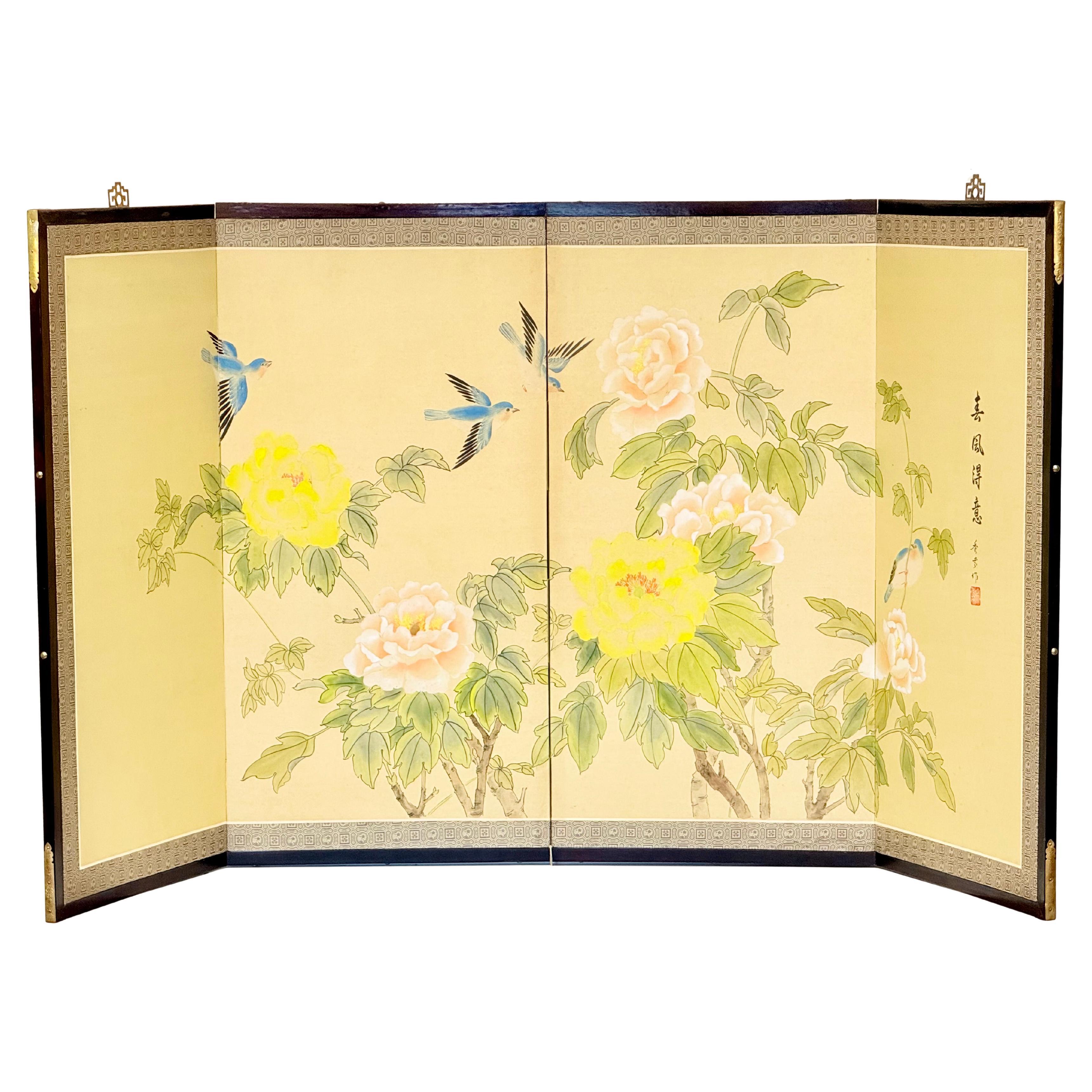 Chinese Four-Fold Screen with Peonies and Blue Magpies, 1963, "Creek Dwelling"