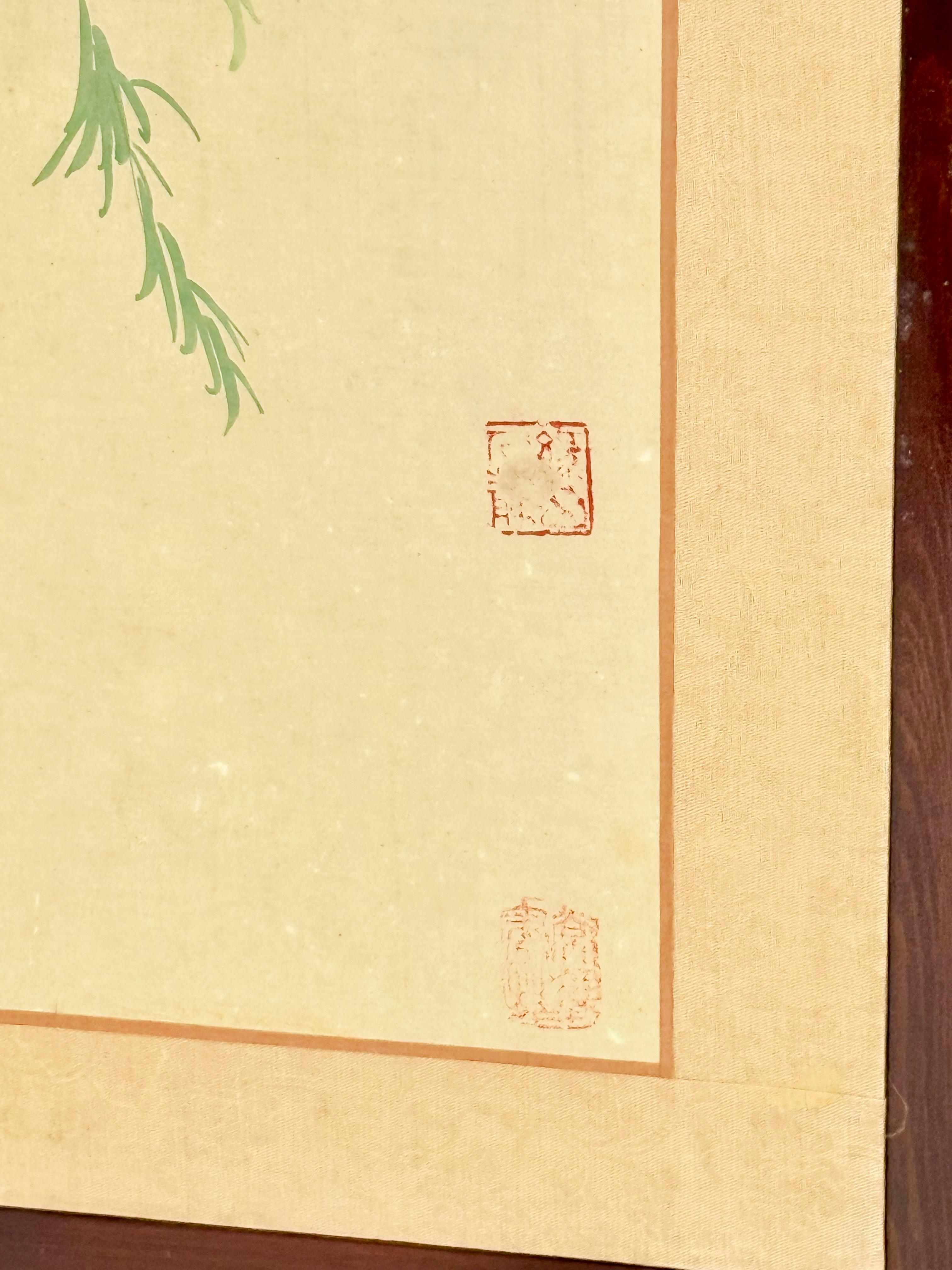 Biombo chino cuádruple con sauce llorón, flores de ciruelo y gorriones, 1963 Papel en venta