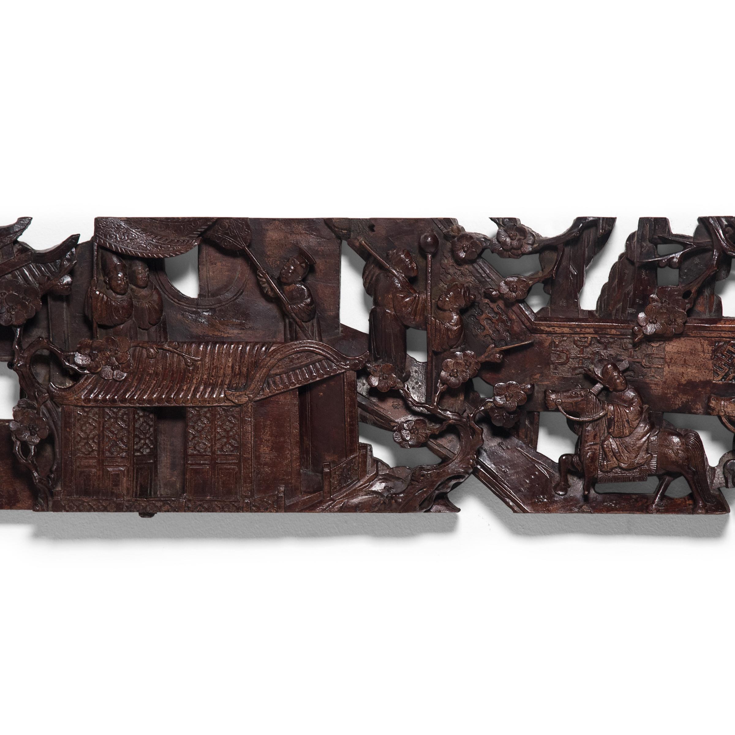 In traditional Chinese architecture, classic timber framework buildings were often enhanced by elaborate finishes and finely carved embellishments - such as this 19th-century elmwood valance. The valance is hand-carved in relief with pierced