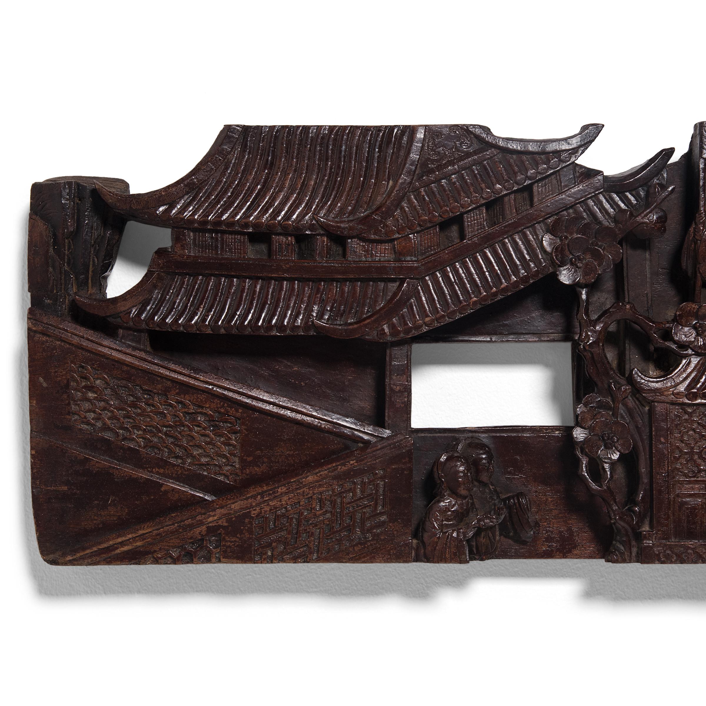 Qing Chinese Four Officials Carved Valance, c. 1850 For Sale
