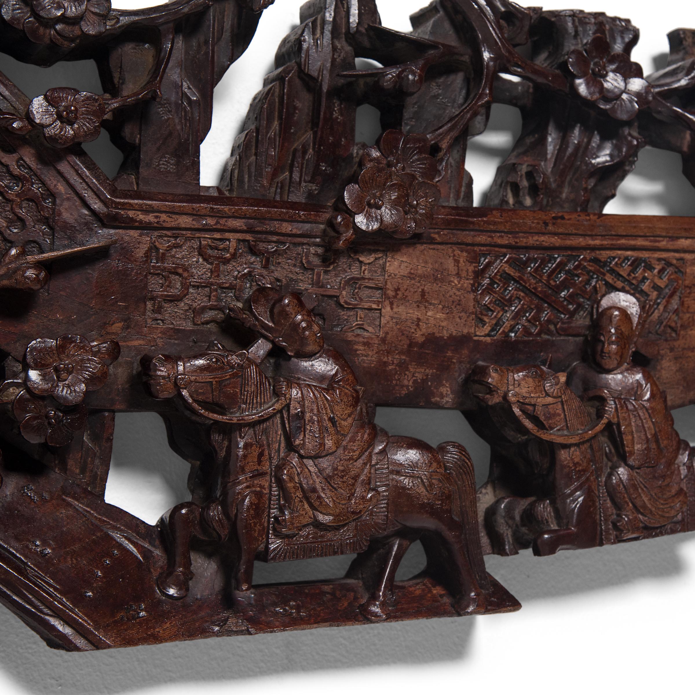 Hand-Carved Chinese Four Officials Carved Valance, c. 1850 For Sale