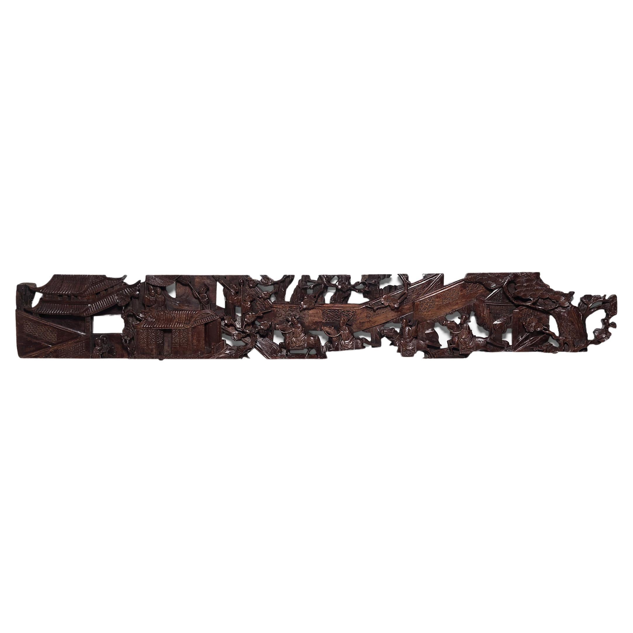 Chinese Four Officials Carved Valance, c. 1850 For Sale