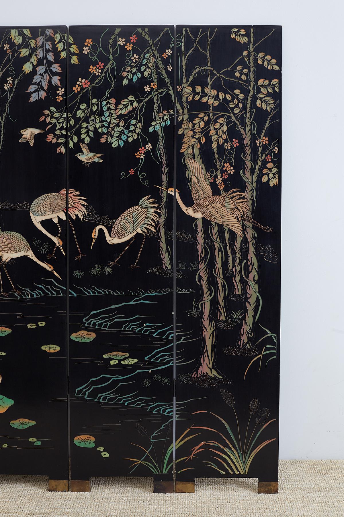 Chinese Export Chinese Four-Panel Coromandel Screen of Cranes