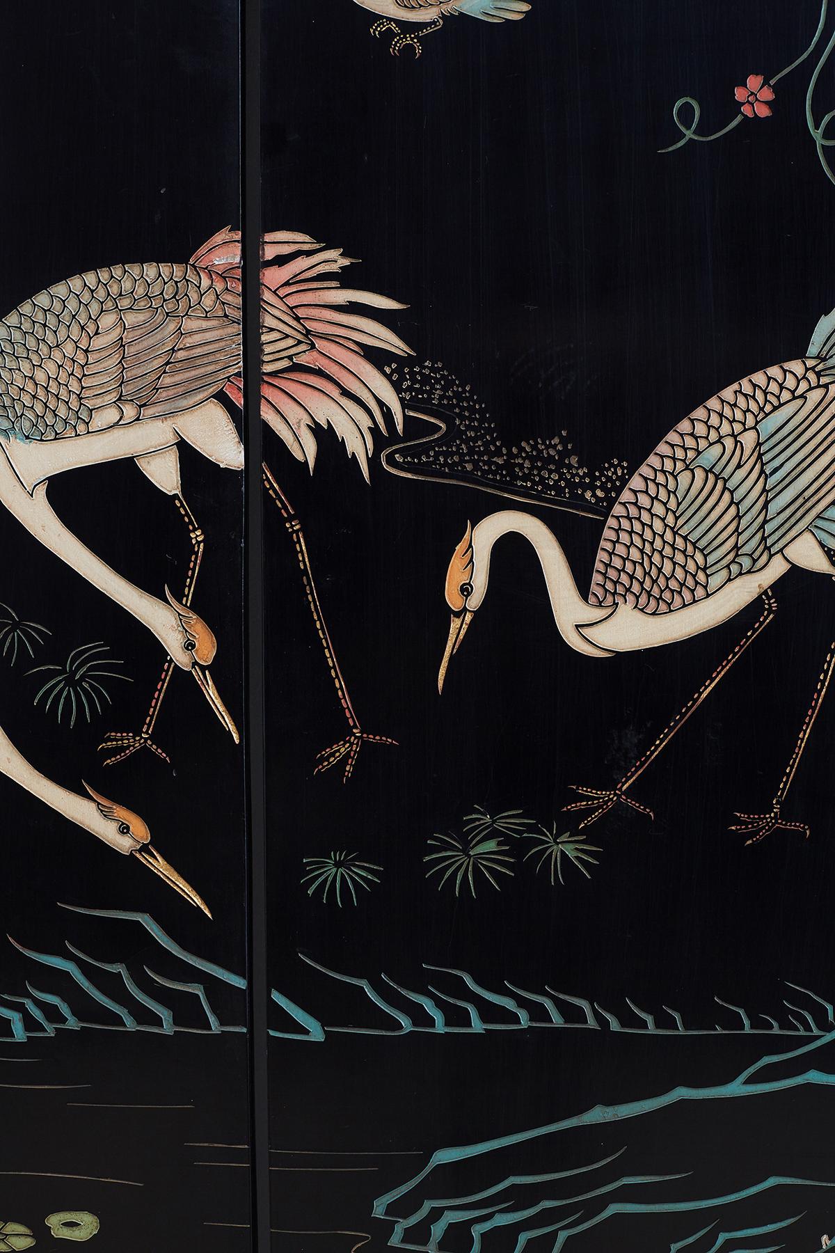 Lacquered Chinese Four-Panel Coromandel Screen of Cranes
