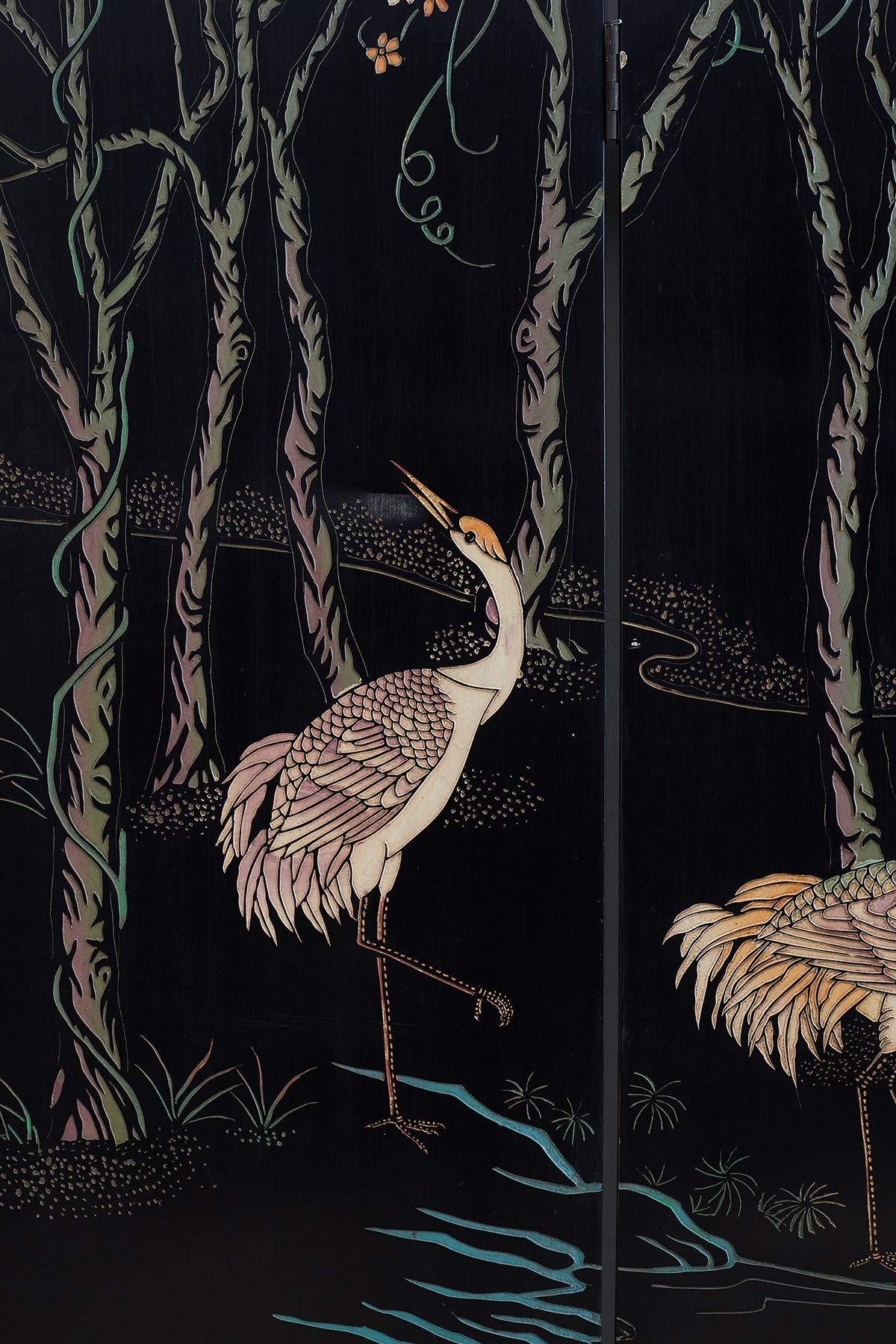 Chinese Four-Panel Coromandel Screen of Cranes In Good Condition In Rio Vista, CA