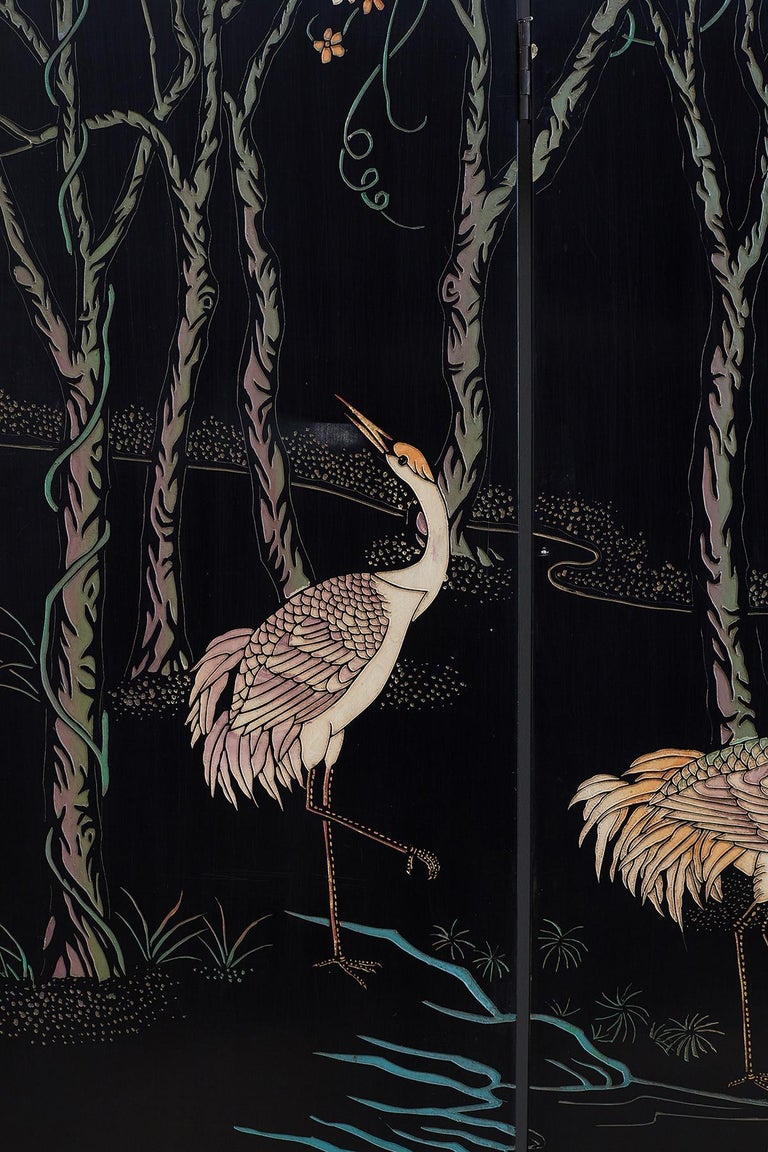 20th Century Chinese Four-Panel Coromandel Screen of Cranes