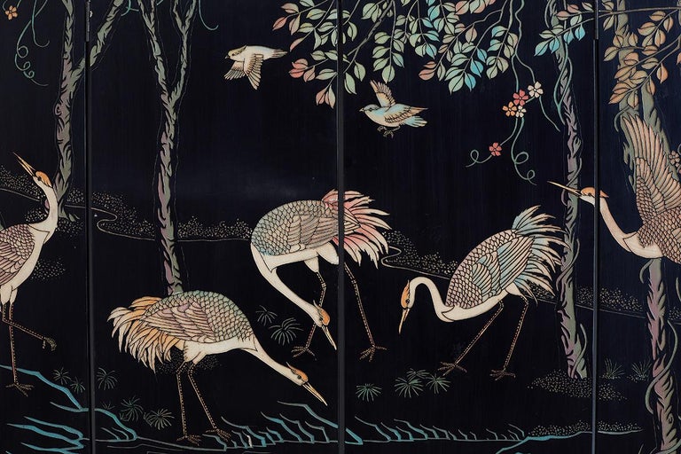 Wood Chinese Four-Panel Coromandel Screen of Cranes