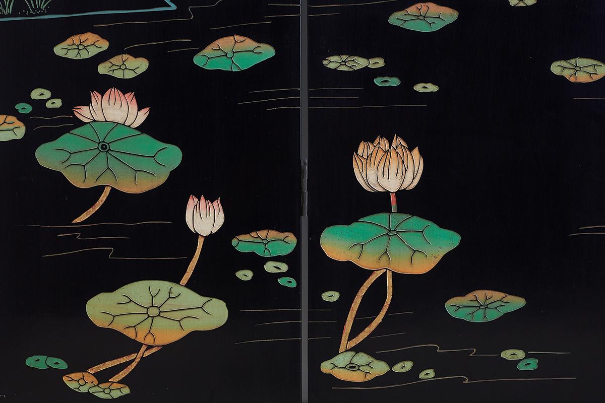 Brass Chinese Four-Panel Coromandel Screen of Cranes
