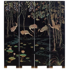 Chinese Four-Panel Coromandel Screen of Cranes