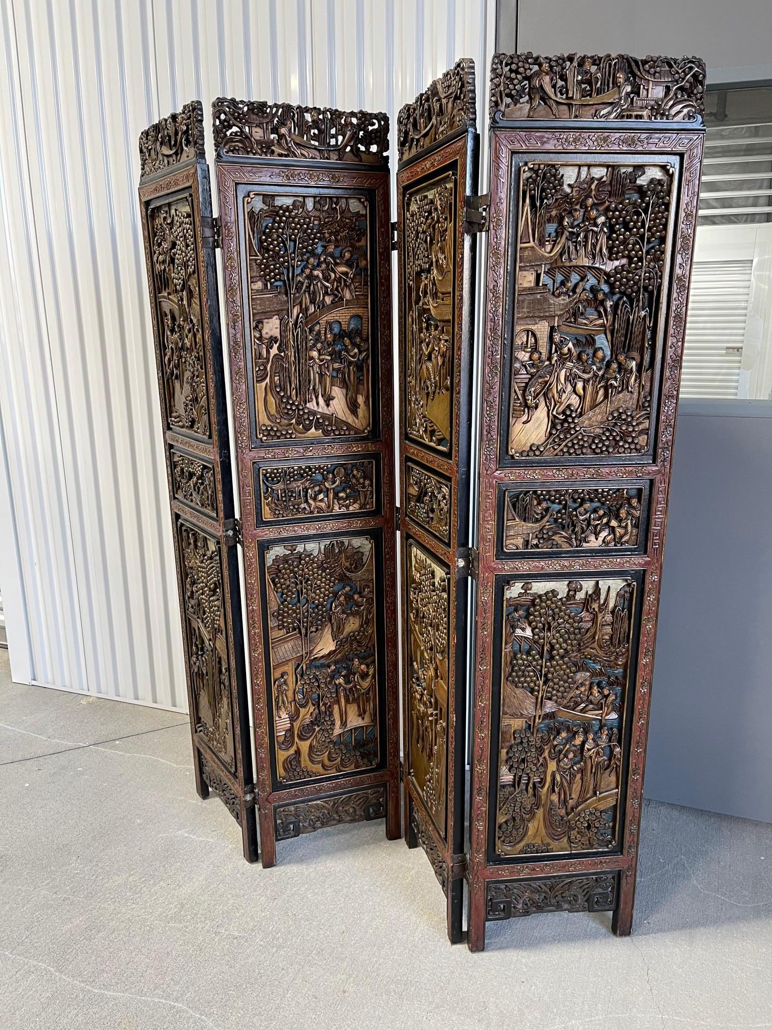 Chinese Four Panel Hand Carved Folding Screen, Early 20th Century In Good Condition In Savannah, GA