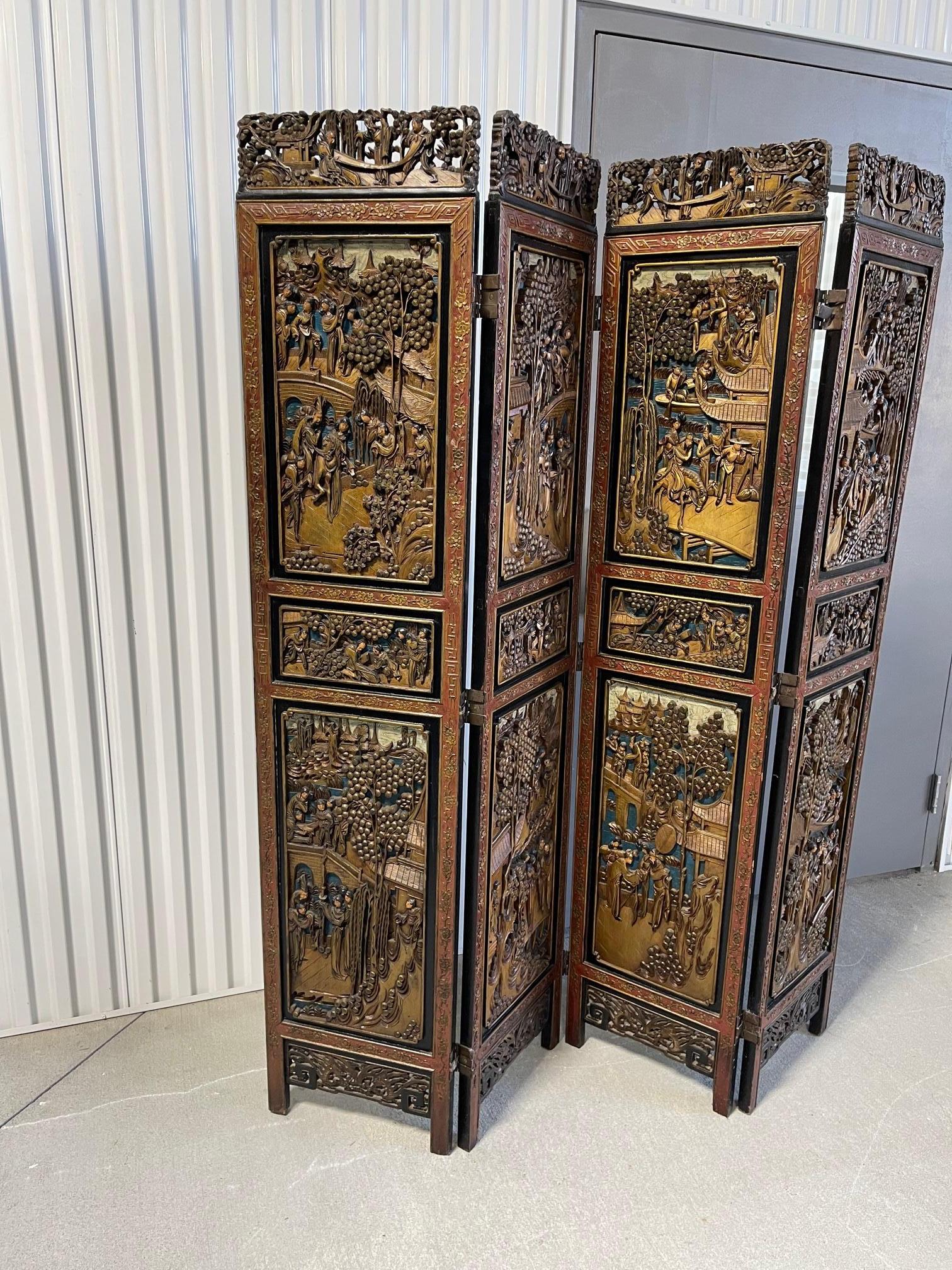 Wood Chinese Four Panel Hand Carved Folding Screen, Early 20th Century