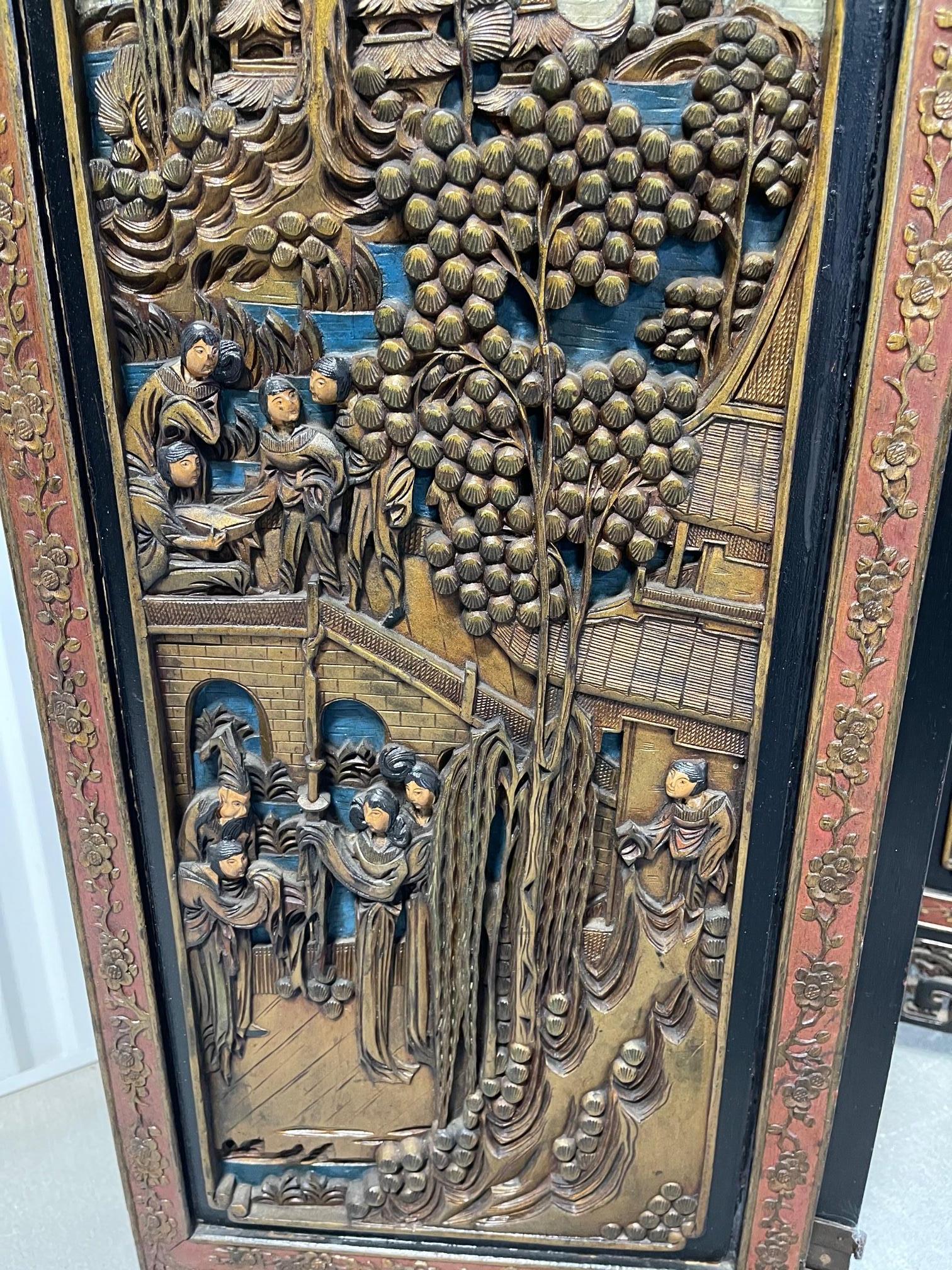 Chinese Four Panel Hand Carved Folding Screen, Early 20th Century 4
