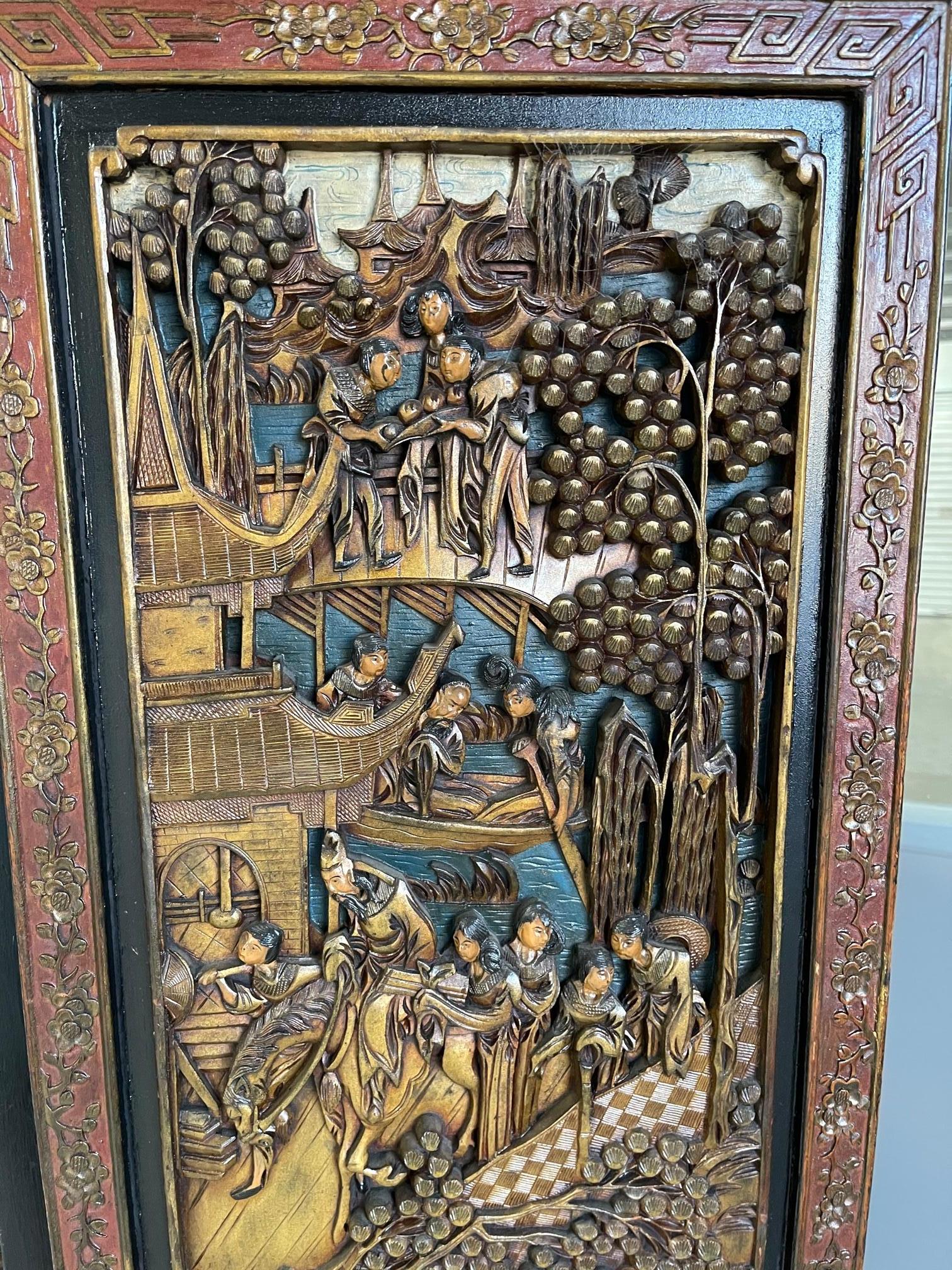 Chinese Four Panel Hand Carved Folding Screen, Early 20th Century 5