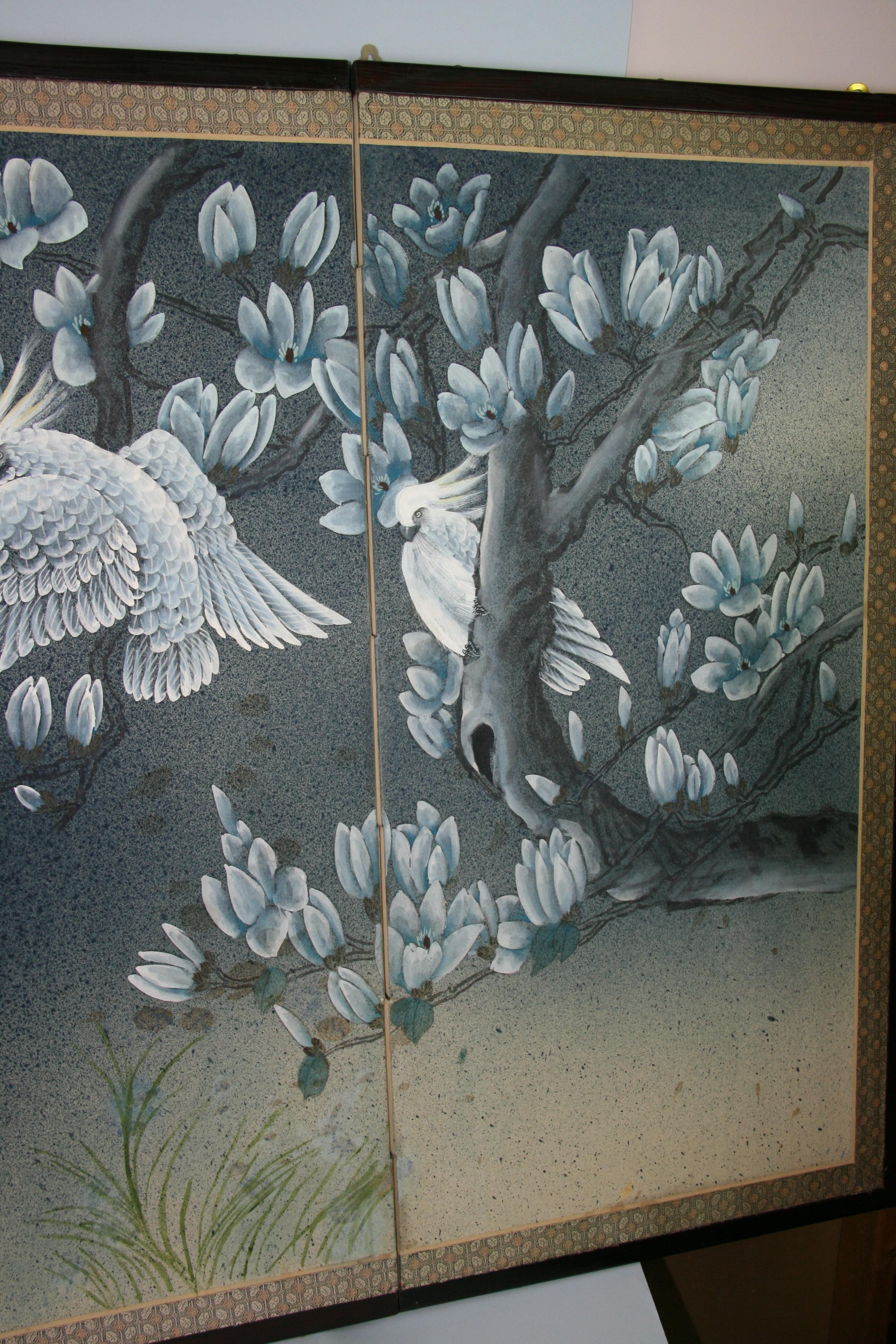 Chinese Four Panel Hand Painted Blue and White Birds Screen Wood Fabric, 1970's 8