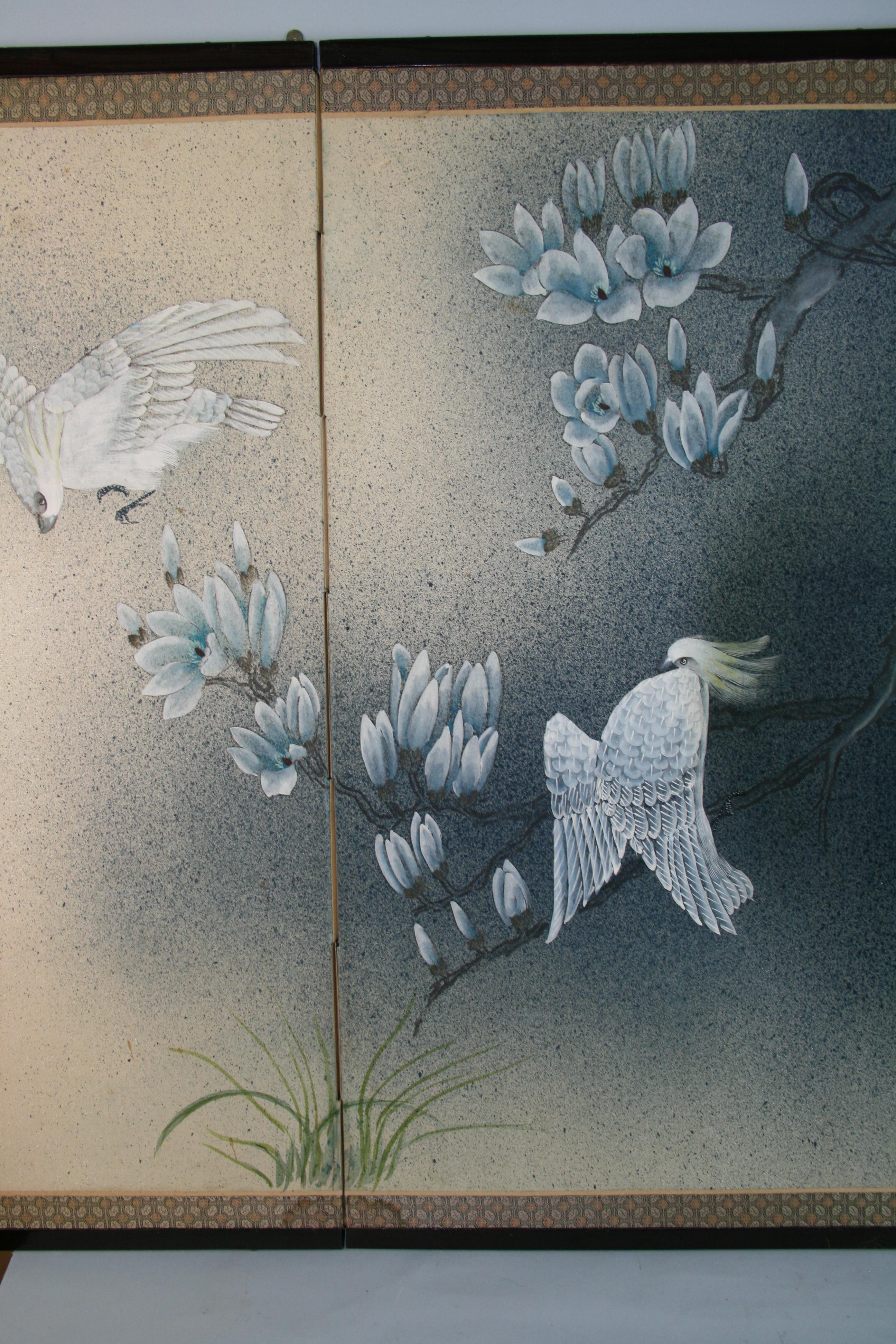 Chinese Four Panel Hand Painted Blue and White Birds Screen Wood Fabric, 1970's 10