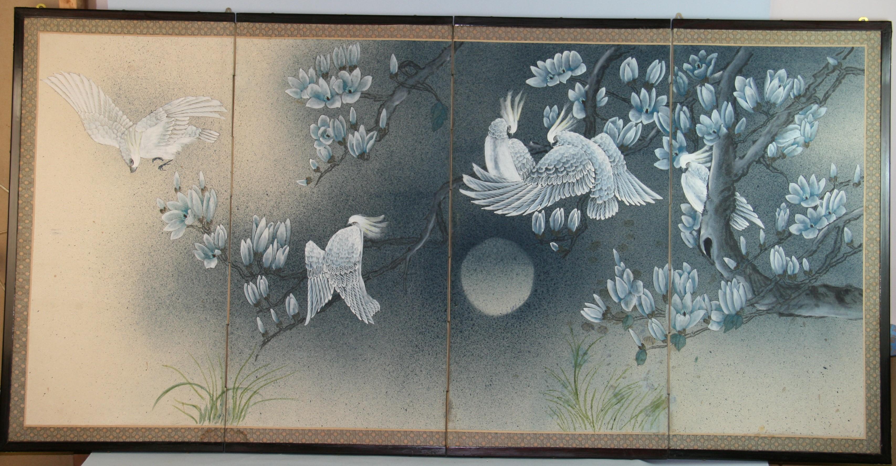 Chinese Four Panel Hand Painted Blue and White Birds Screen Wood Fabric, 1970's In Good Condition In Douglas Manor, NY
