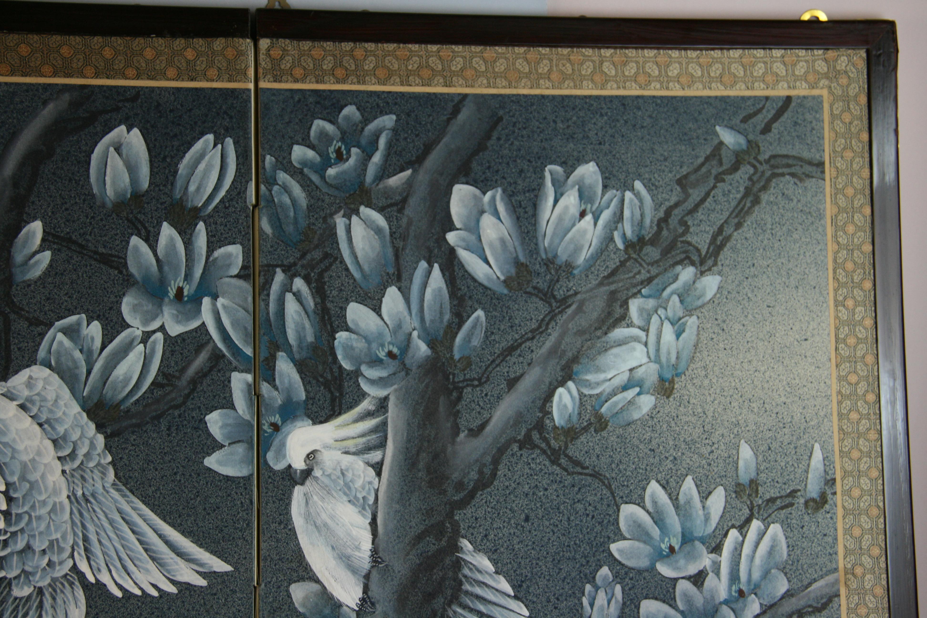Chinese Four Panel Hand Painted Blue and White Birds Screen Wood Fabric, 1970's 2