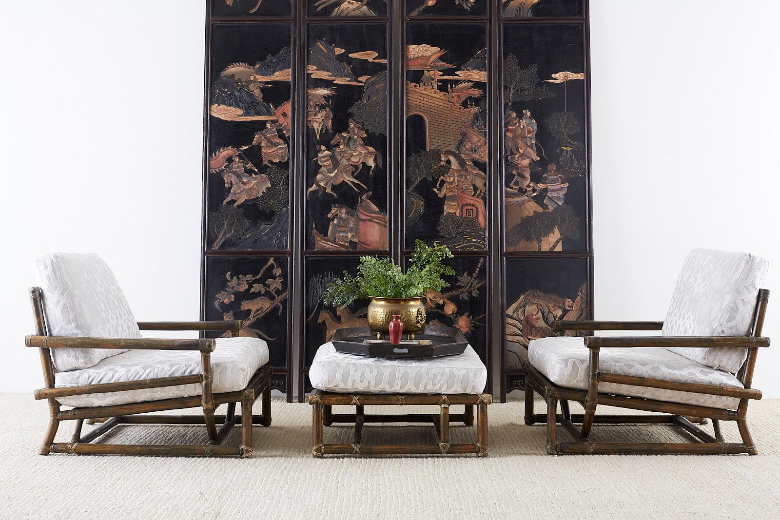 Large Chinese export four panel coromandel screens. Featuring a lacquered decoration on each side. Each panel is 96 inches high with intricately carved scenes of warriors on one side and landscape scenes on the back. The black lacquer has a